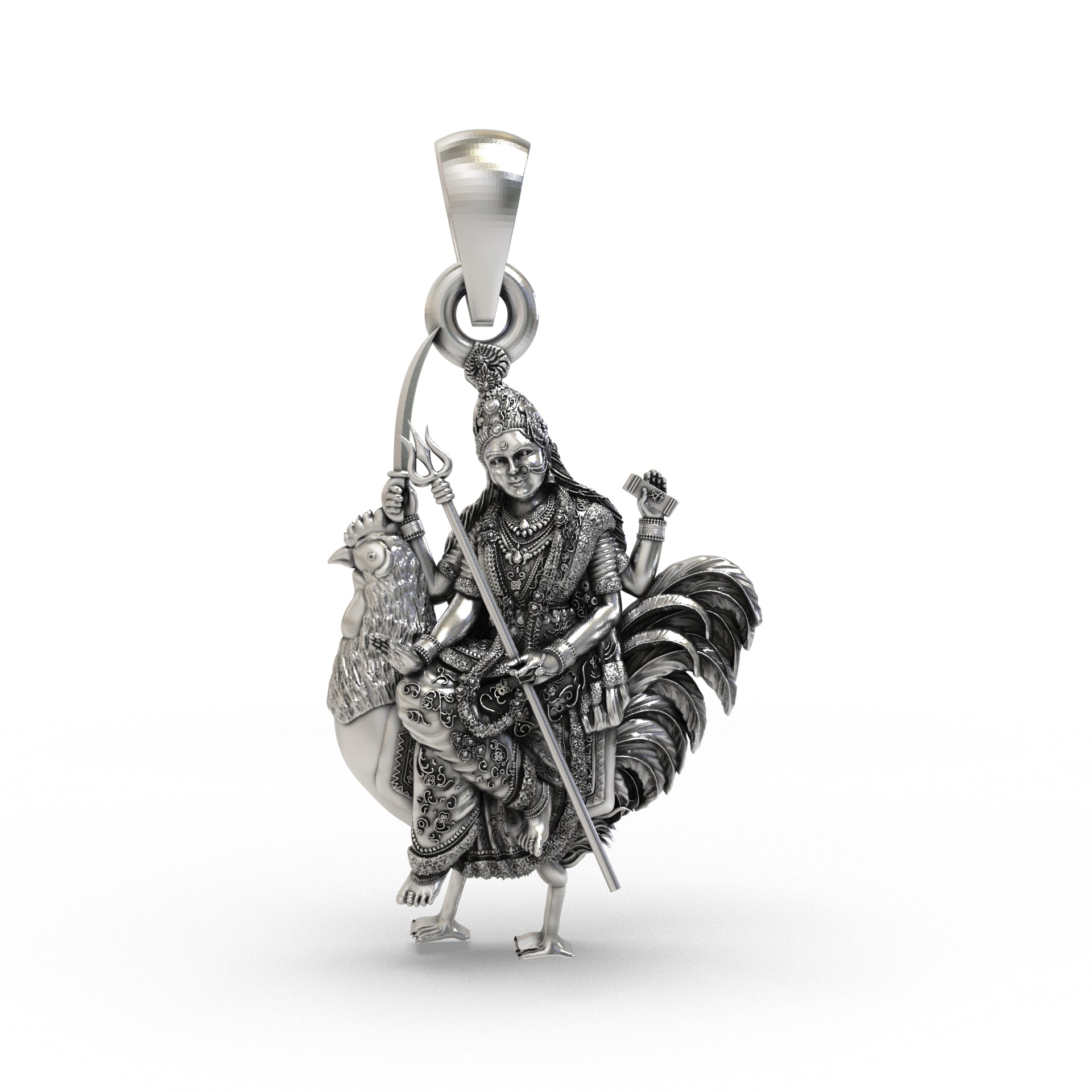 Front view of the intricate 925 silver Bahuchar Maa pendant, showing the goddess's divine form with an oxidized finish. Main image
