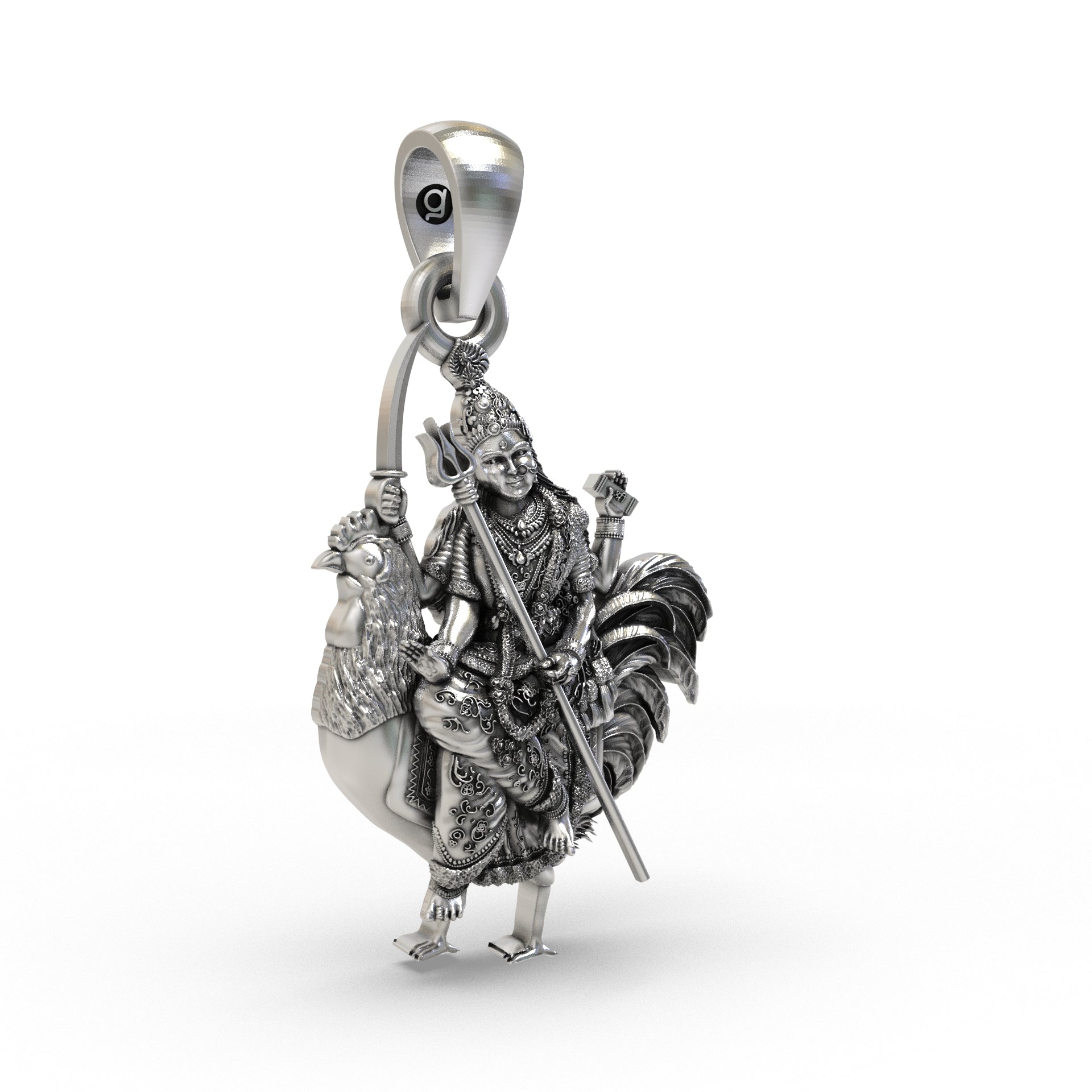 Angled profile of the sterling silver Bahuchar Maa pendant, showing the depth of the oxidized finish and craftsmanship.
