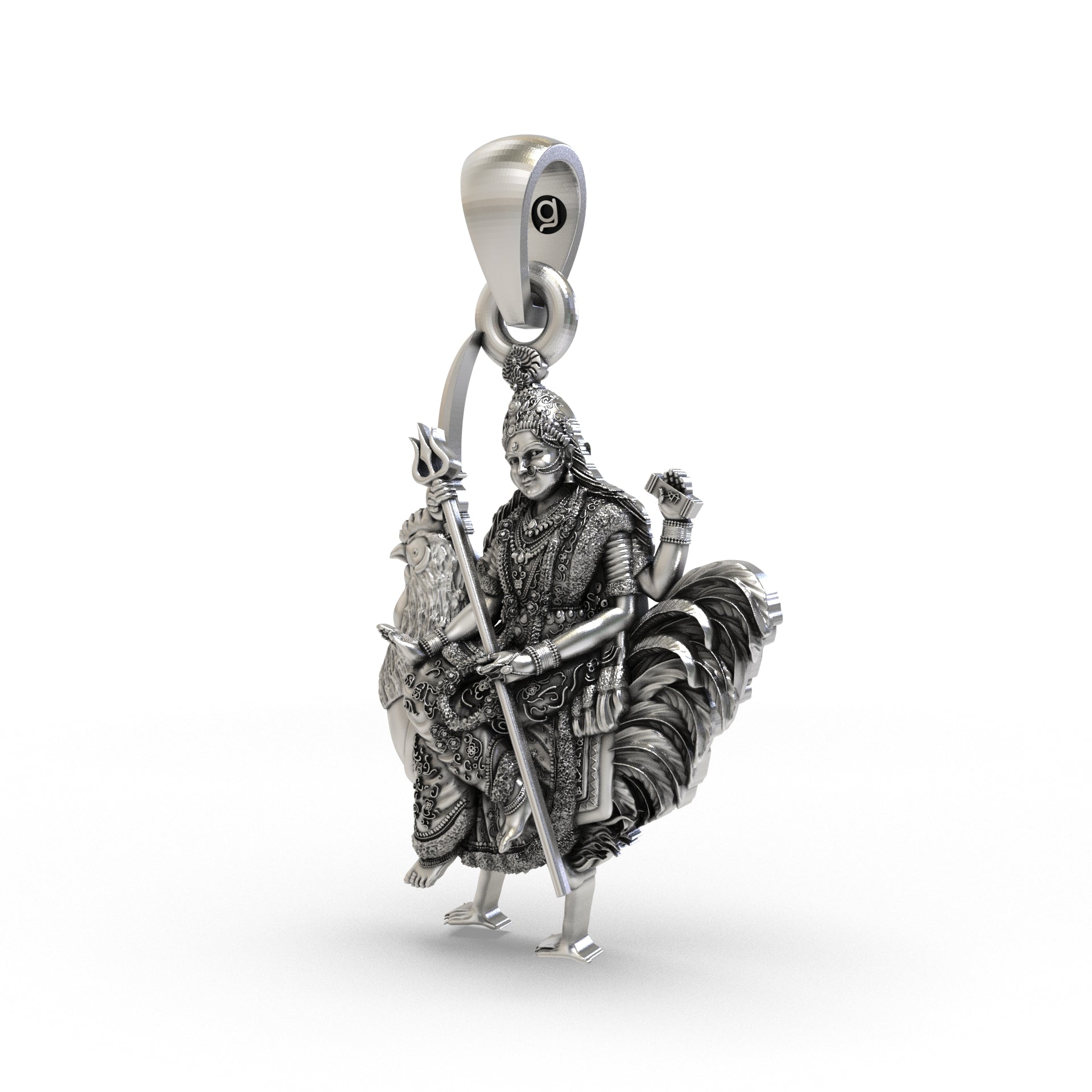 Close-up detail shot of the 925 silver Bahuchar Maa pendant, focusing on the fine craftsmanship and antique oxidized texture.