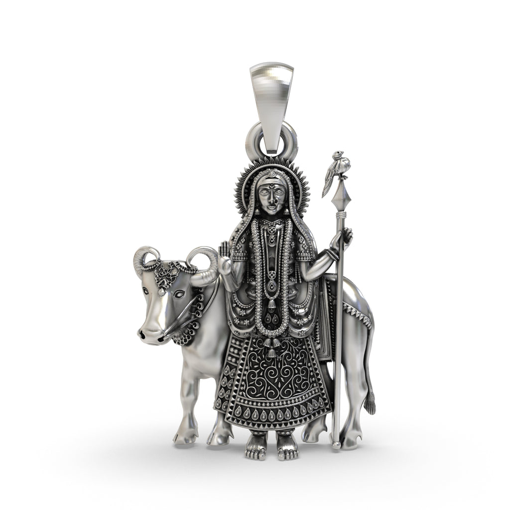 Front view of the oxidized 925 silver Pithad Maa pendant showing the intricate design of the goddess.