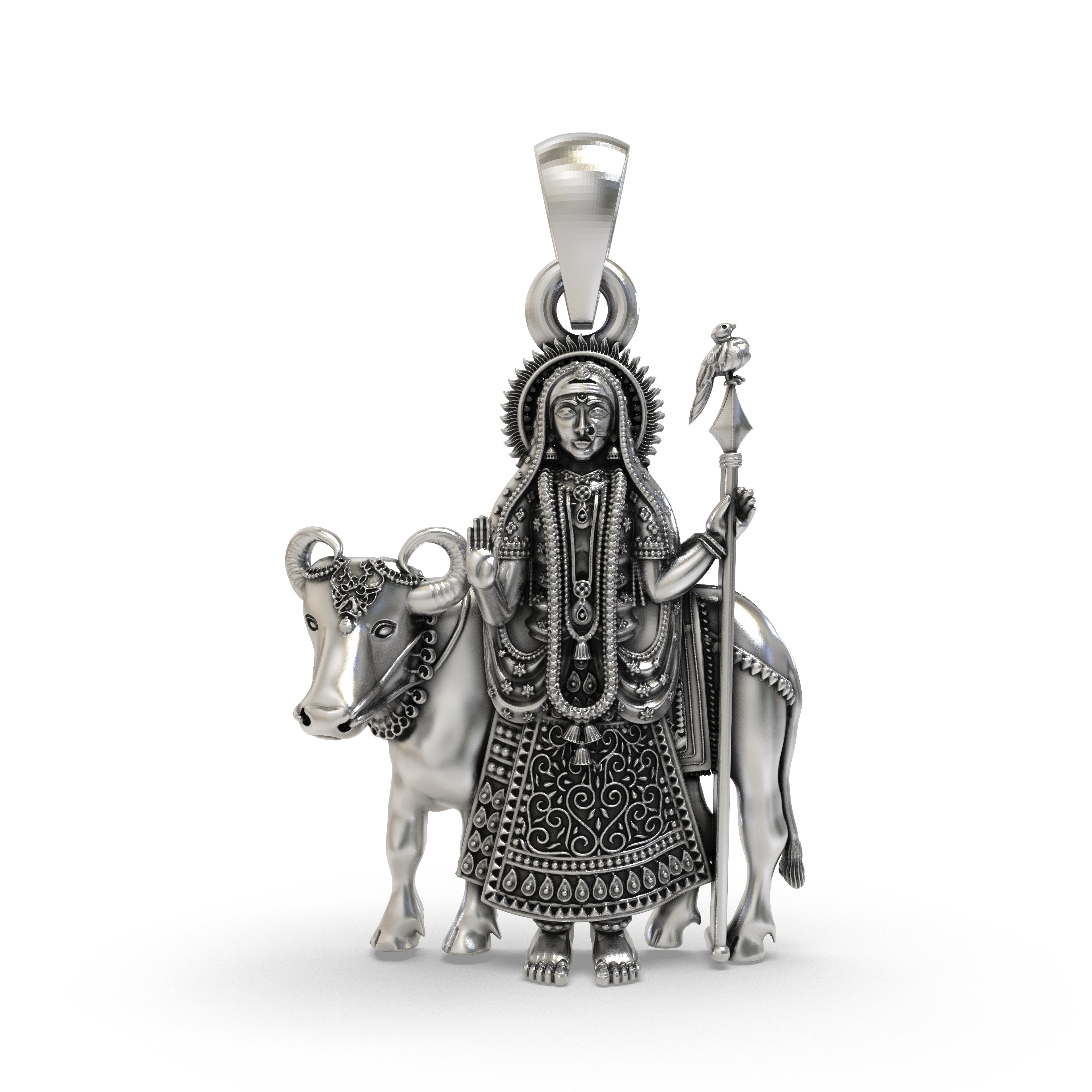 Front view of the oxidized 925 silver Pithad Maa pendant showing the intricate design of the goddess.