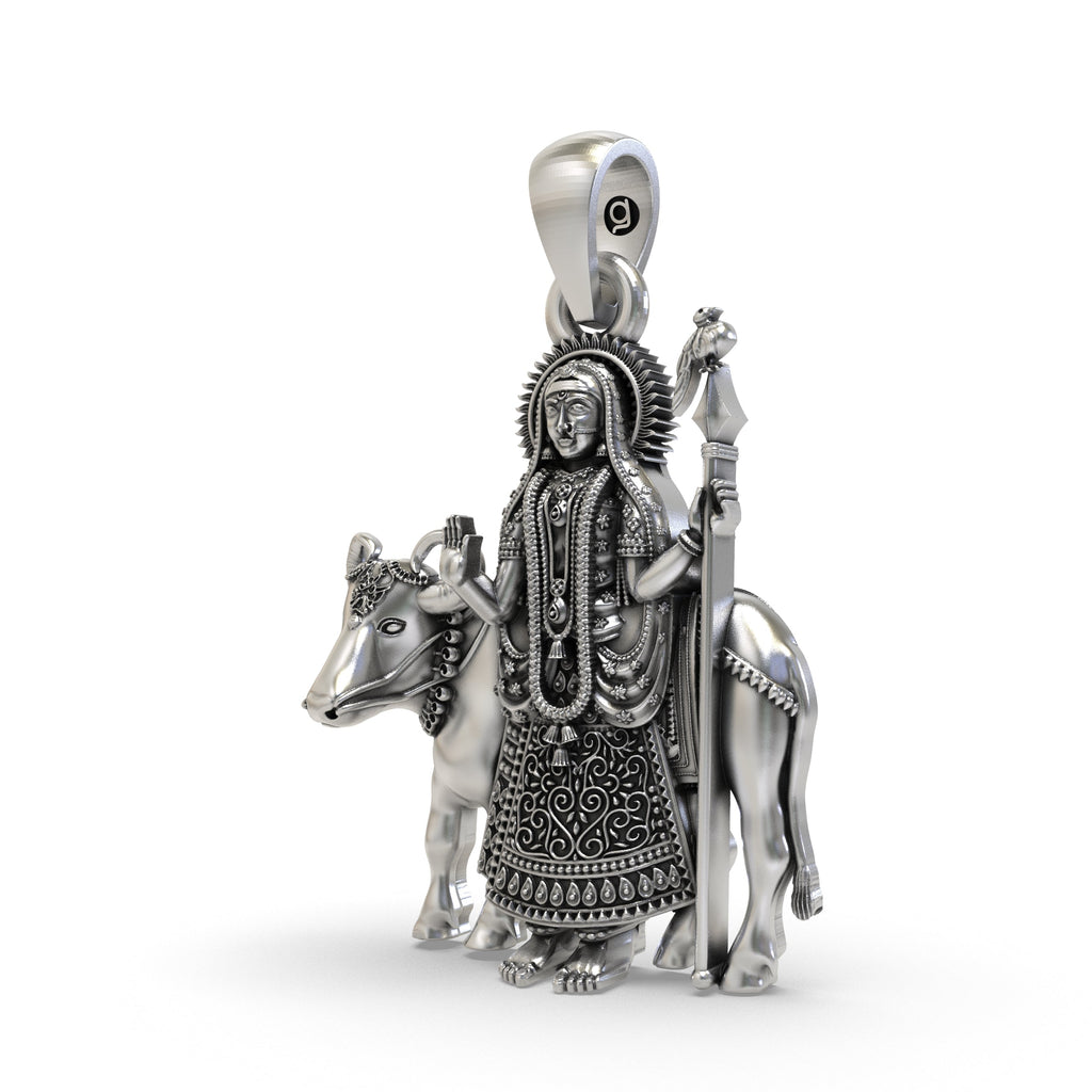 An angled side view of the Pithad Maa pendant, highlighting its dimensional details and sterling silver finish.