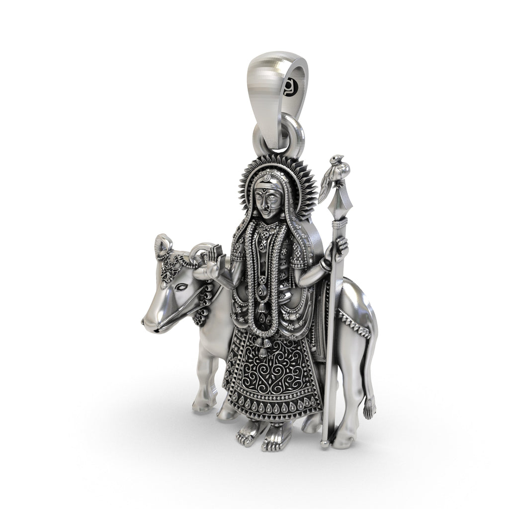 The sterling silver Pithad Maa pendant shown with a chain to illustrate its size and how it looks when worn.
