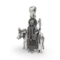 The sterling silver Pithad Maa pendant shown with a chain to illustrate its size and how it looks when worn.