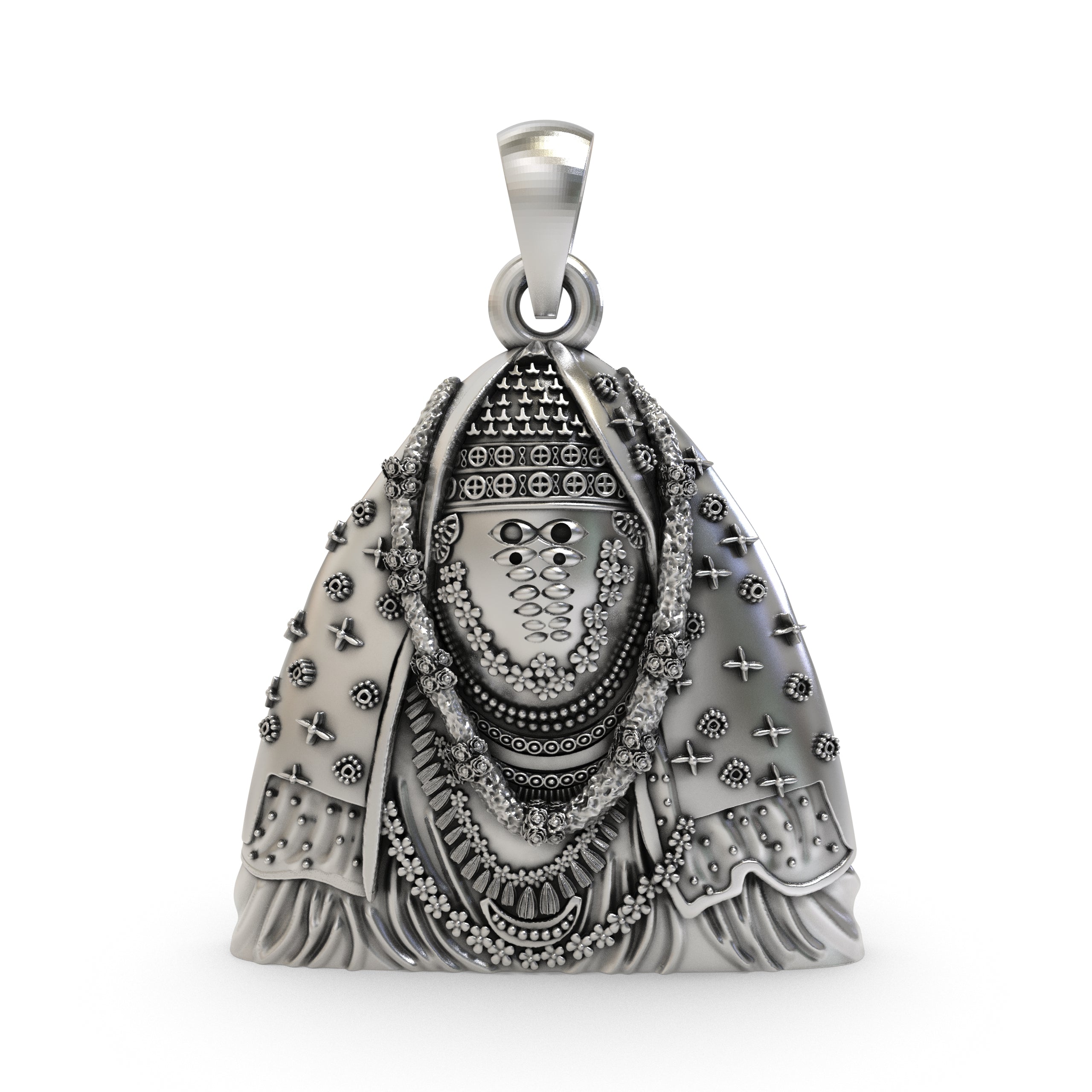 Front view of the detailed 925 silver Ashapura Mata pendant showing the goddess with an antique oxidized finish. Main image