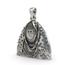 An angled profile of the 925 sterling silver Ashapura Mata pendant, highlighting its intricate divine craftsmanship.