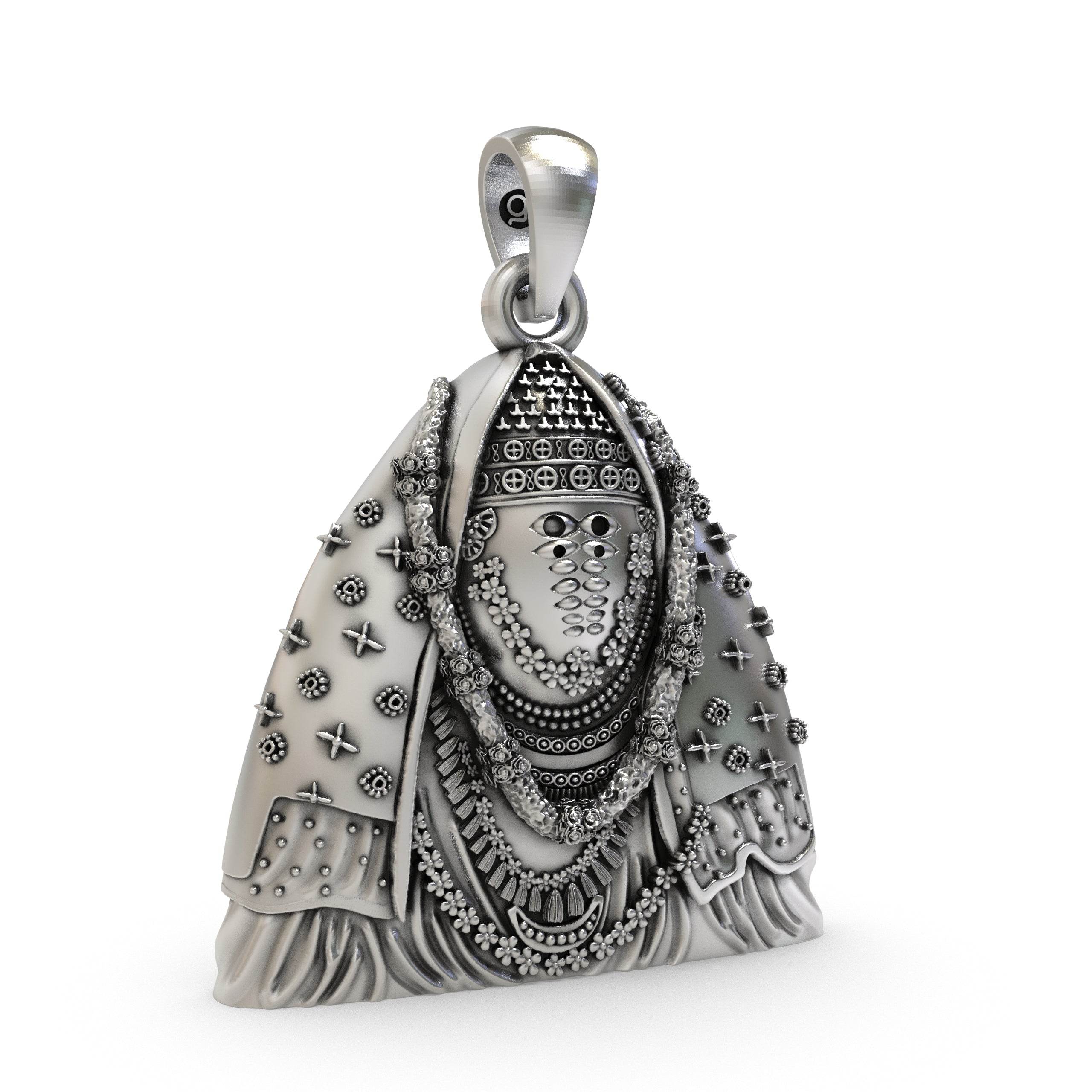 Close-up detail of the oxidized finish on the silver Ashapura Mata pendant, showcasing its spiritual elegance.