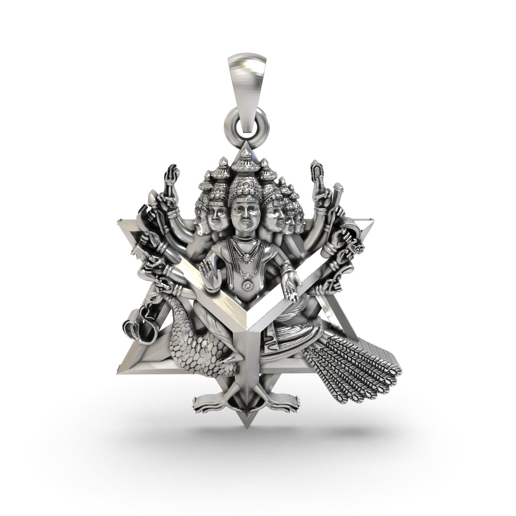 Front view of the handcrafted 925 silver Shanmukha pendant showing Lord Murugan's six faces with an oxidized finish.