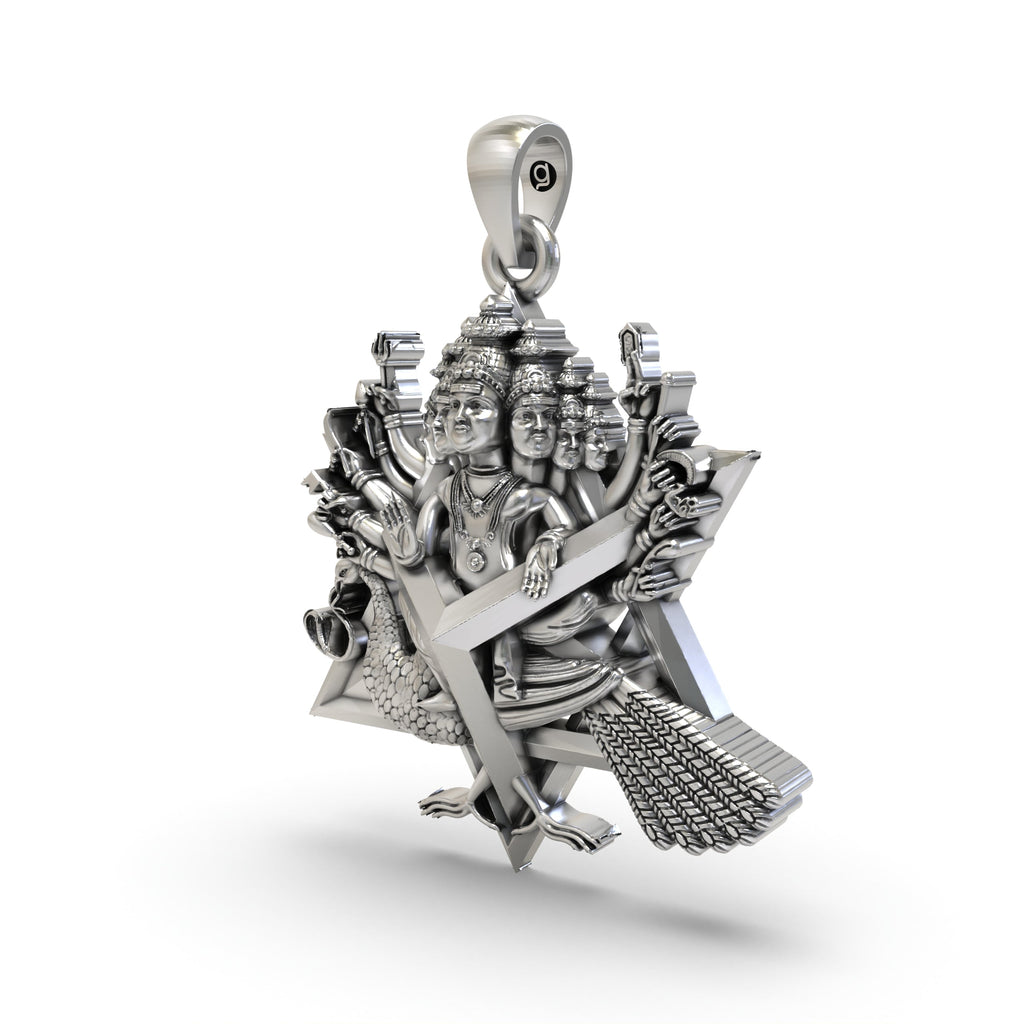 Angled side view of the 925 silver Lord Murugan Shanmukha pendant, highlighting its intricate divine craftsmanship.