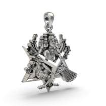 Detailed close-up of the six-faced Shanmukha pendant in 925 sterling silver, showing the fine oxidized details.