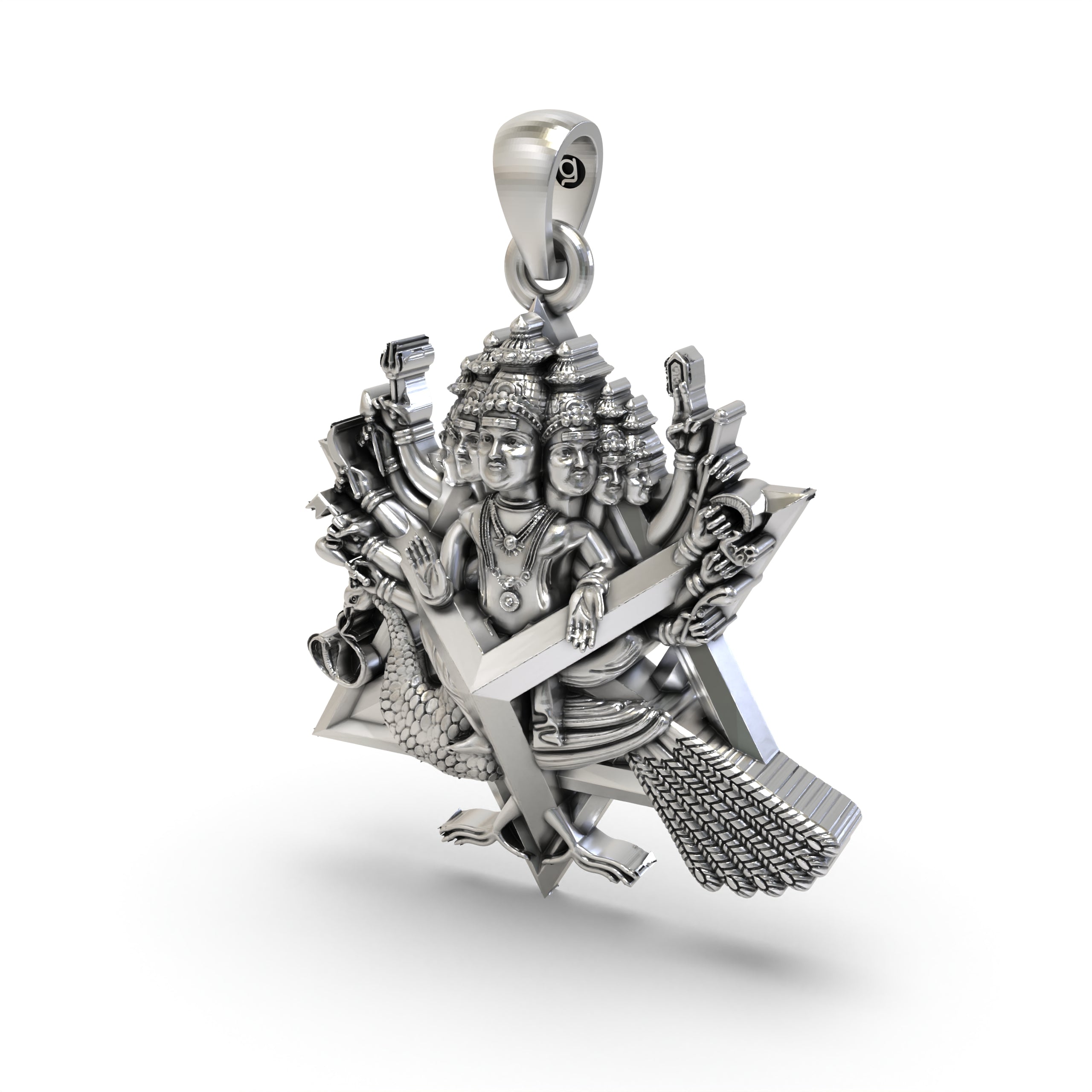 The 925 silver Shanmukha pendant showcasing its hollow back design for lightweight comfort on a neutral background.