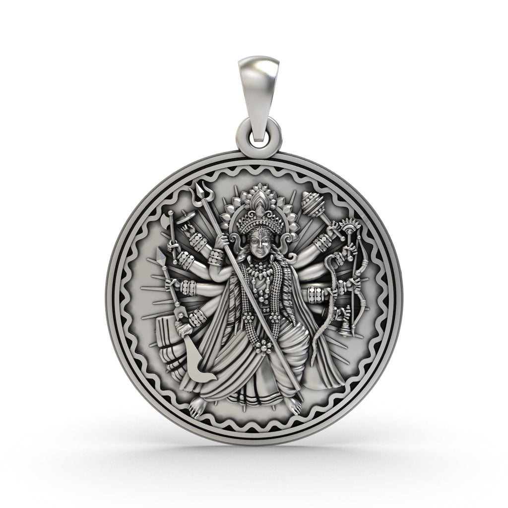 Front view of the 925 Silver Durga Maa Pendant showing the goddess's detailed face and oxidized finish.