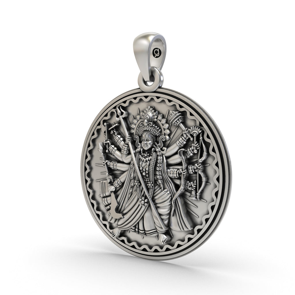 A close-up of the intricate craftsmanship on the 925 Silver Durga Maa Pendant with its antique oxidized look.