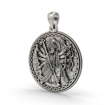 A close-up of the intricate craftsmanship on the 925 Silver Durga Maa Pendant with its antique oxidized look.