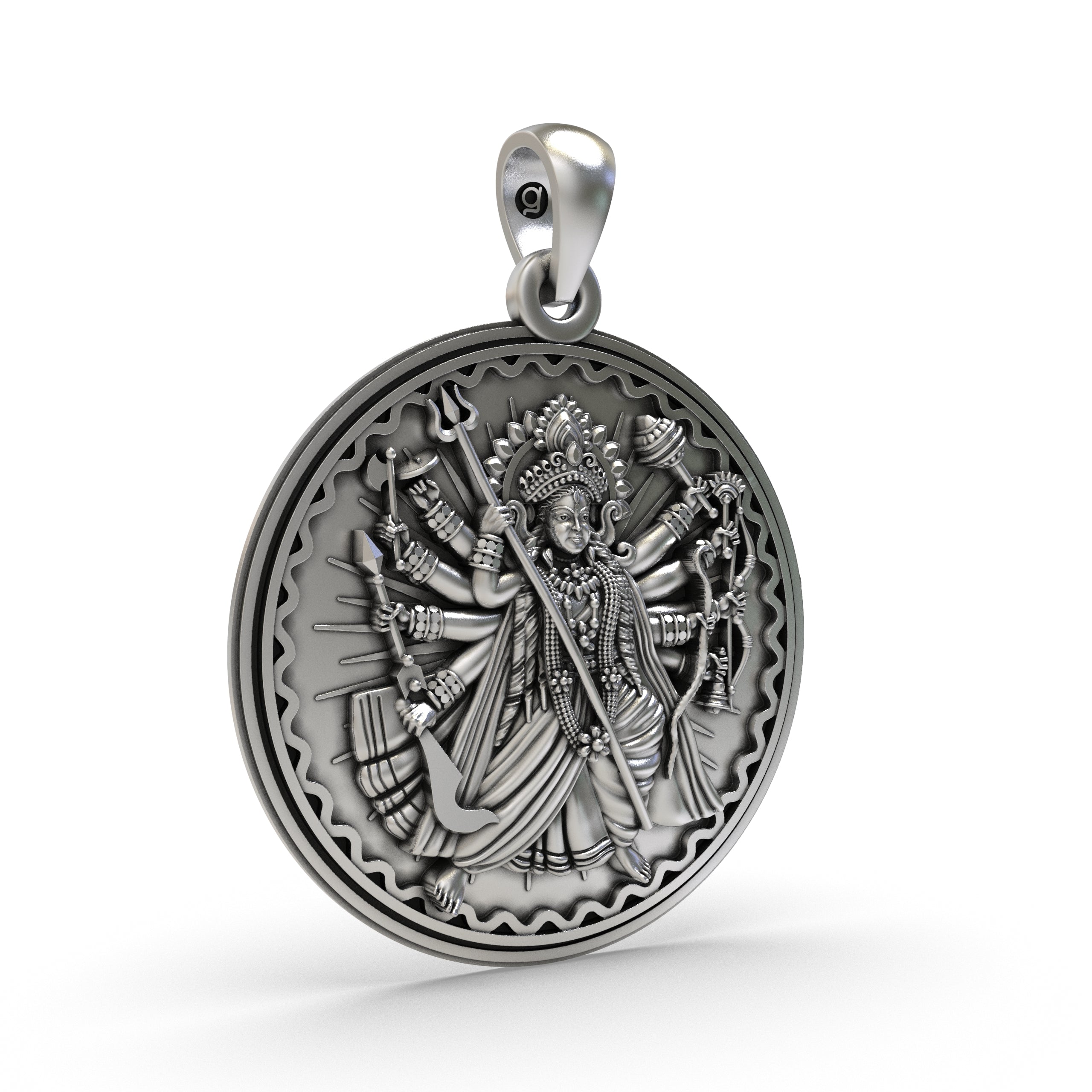 Side profile of the hollow-back 925 Silver Durga Maa Pendant, highlighting its lightweight design for comfort.