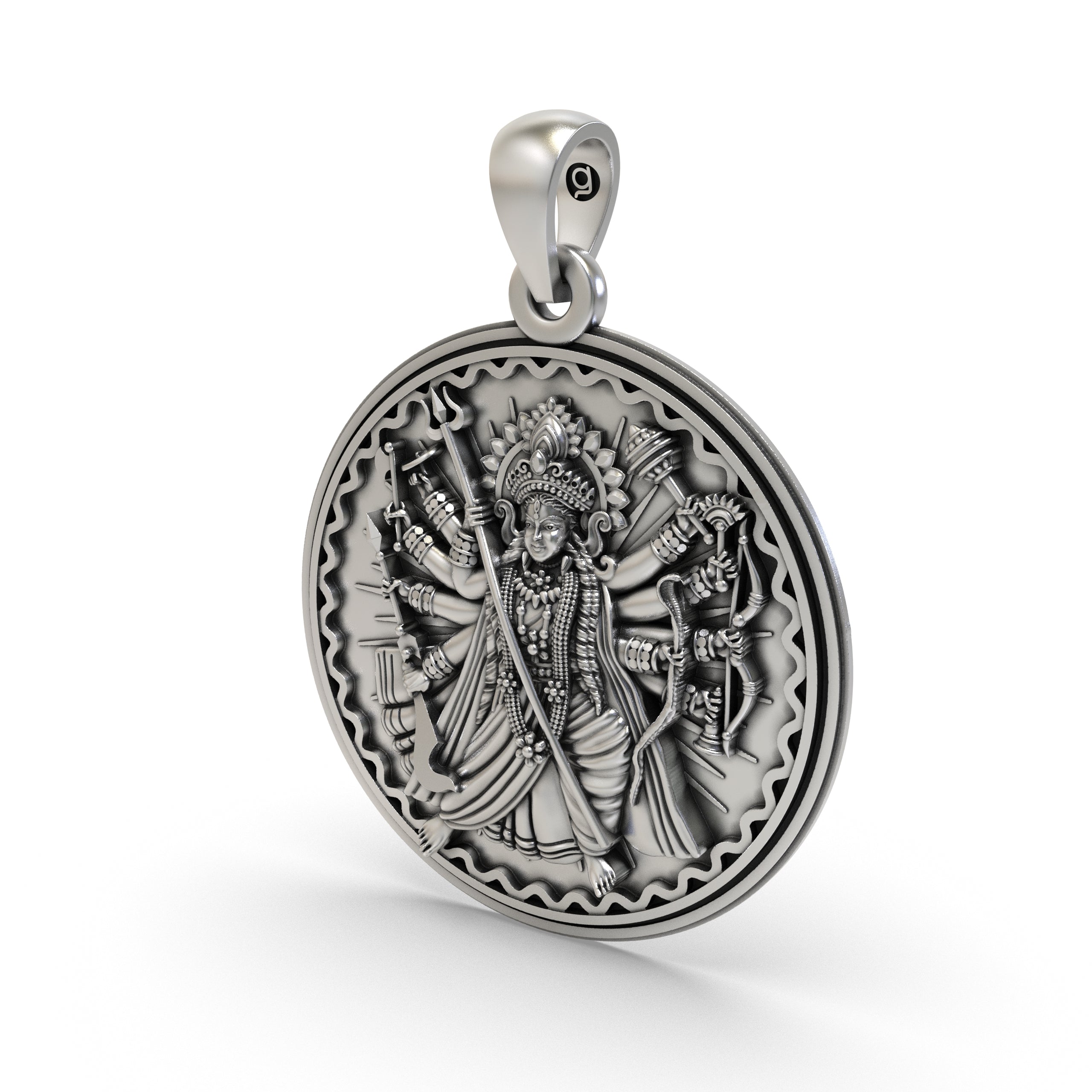 The 925 Silver Durga Maa Pendant showcased on a chain, demonstrating its size and how it looks when worn.