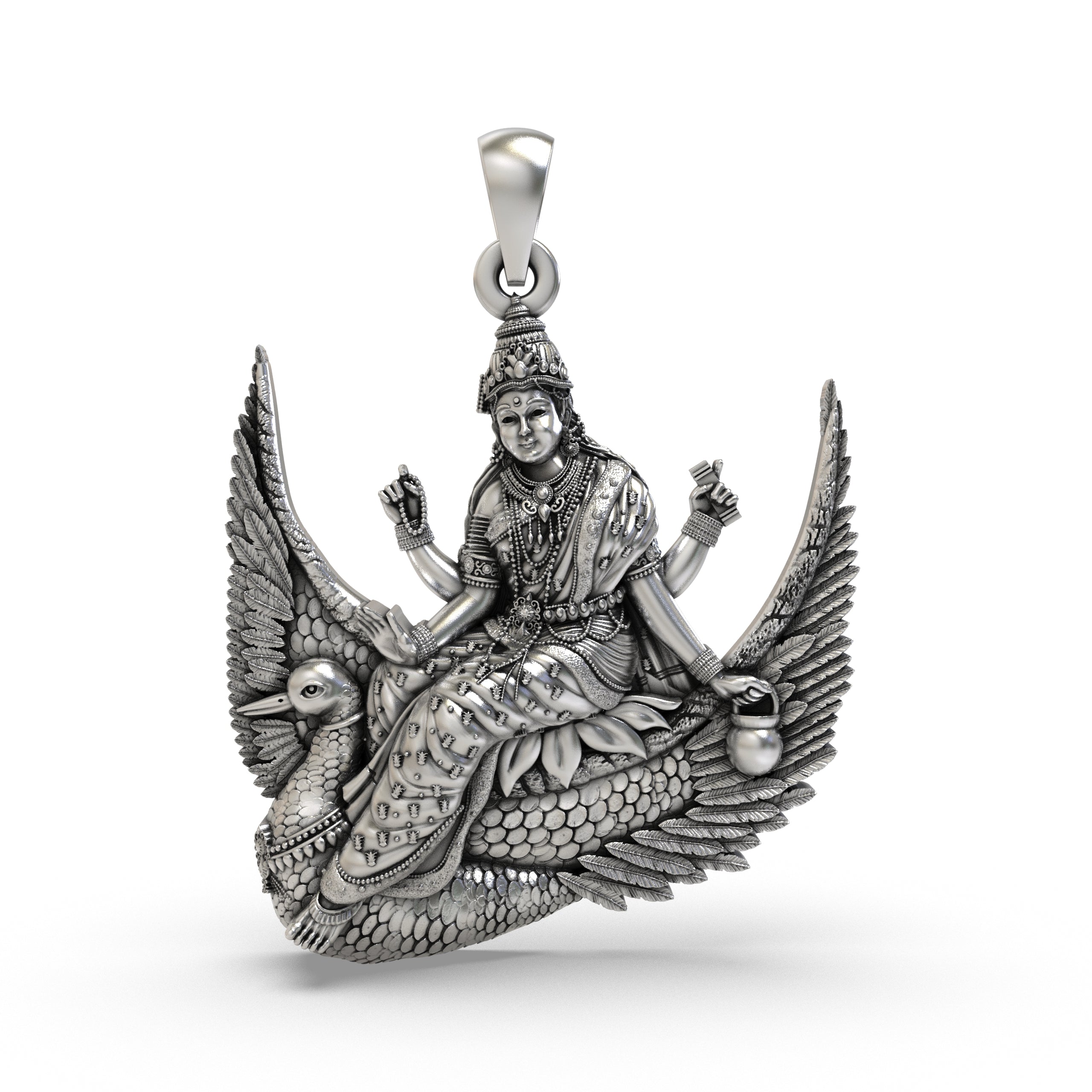 Front view of the 925 sterling silver Brahmani Maa pendant showcasing its intricate oxidized detailing.