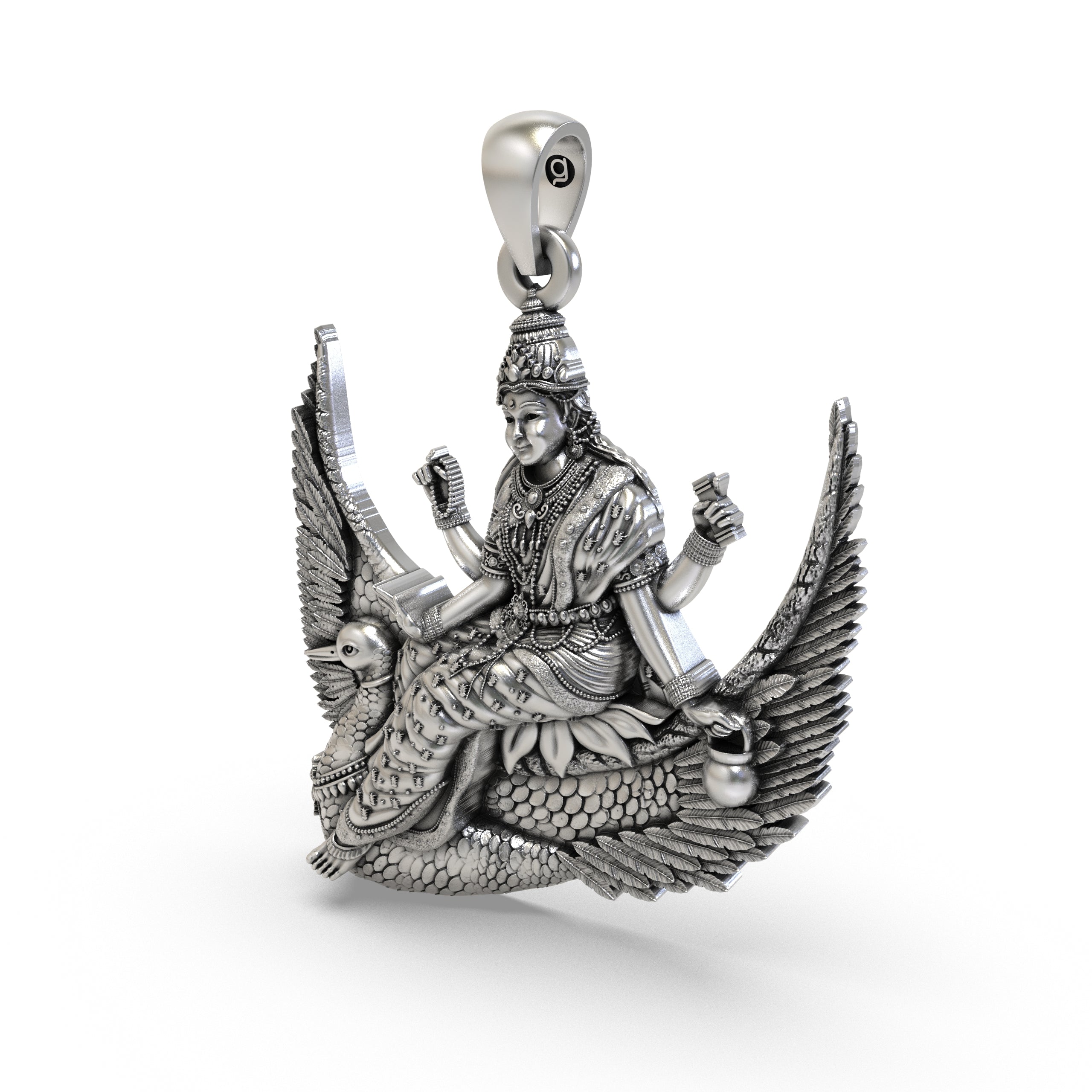 Angled view of the Brahmani Mata silver locket, highlighting the divine goddess figure and antique finish.
