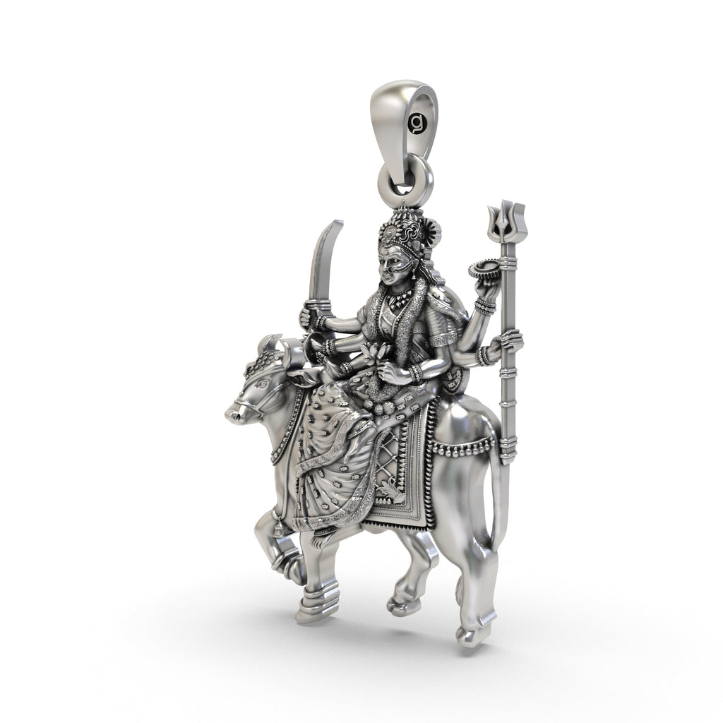 An angled side view of the 925 Silver Umiya Maa Pendant, showing its dimension and traditional design.
