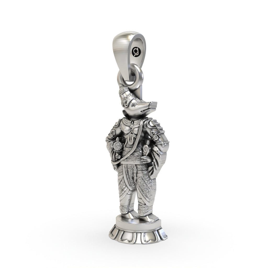 Angled side profile of the Lord Vishnu Varaha avatar pendant in 925 sterling silver, highlighting its divine form.