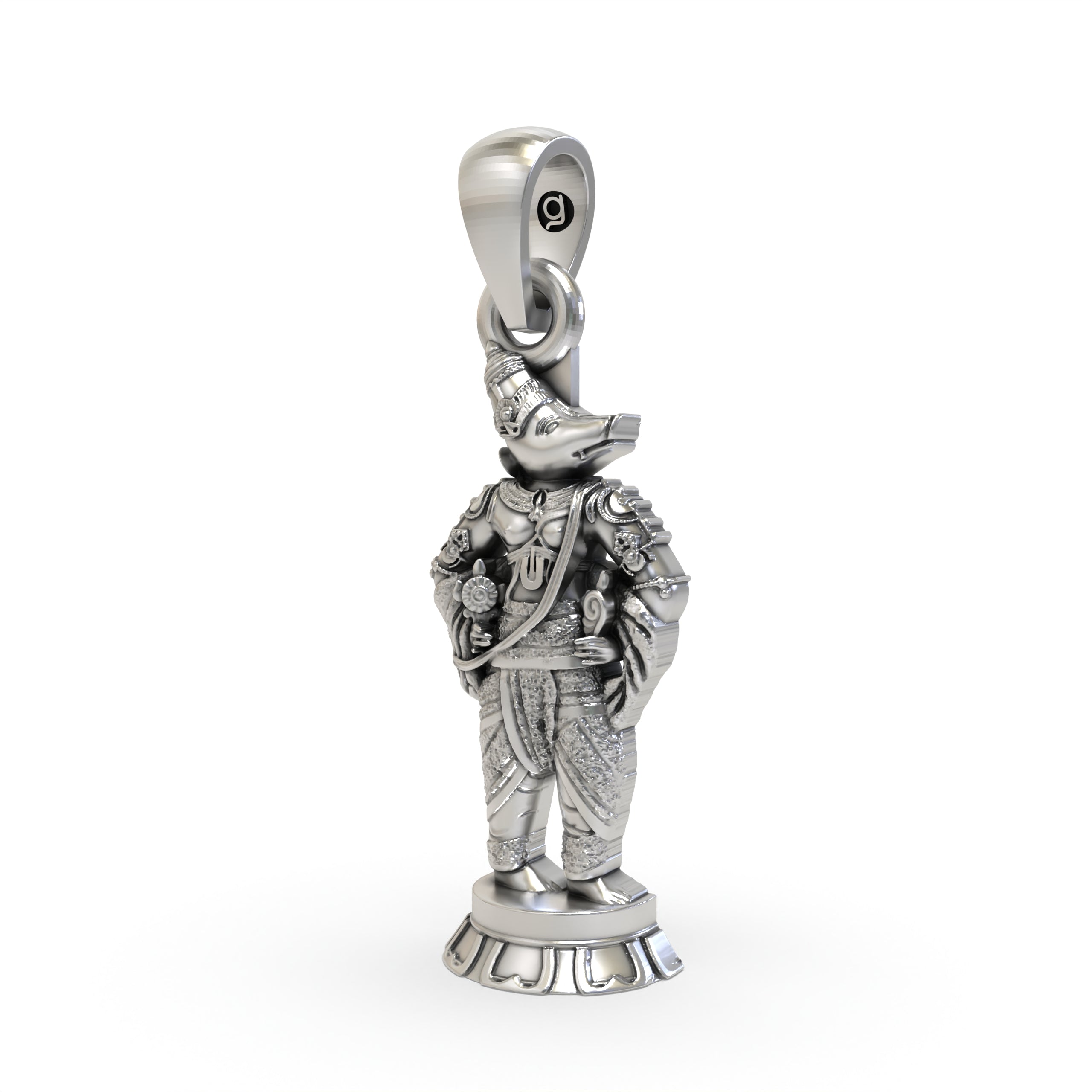 Angled side profile of the Lord Vishnu Varaha avatar pendant in 925 sterling silver, highlighting its divine form.