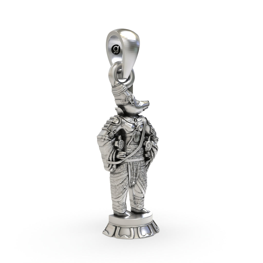 Close-up of the Varaha Dev pendant, showcasing the fine craftsmanship and antique oxidized finish on pure 925 silver.
