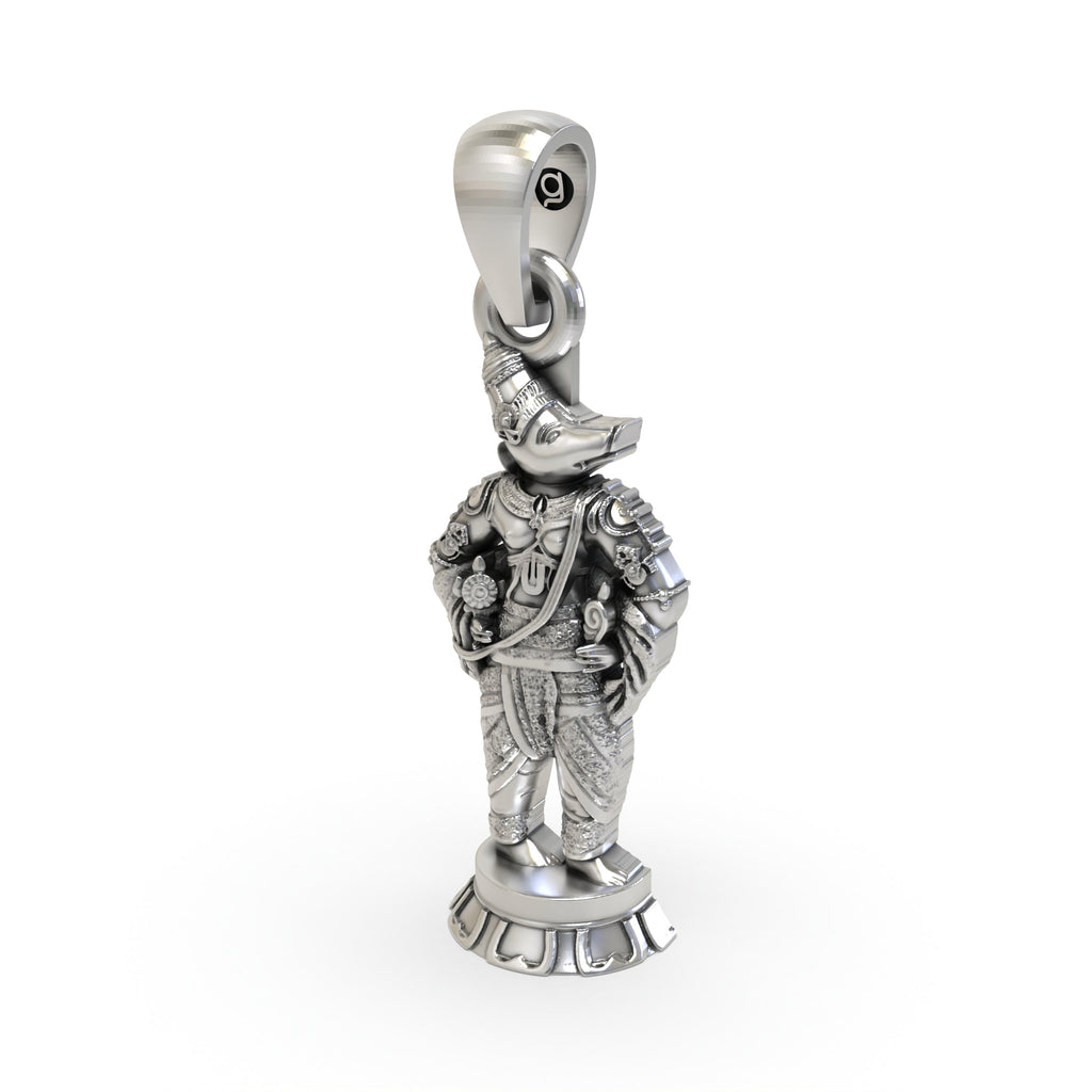 The lightweight 925 silver Varaha Dev pendant shown with its hollow back design for comfortable daily wear.