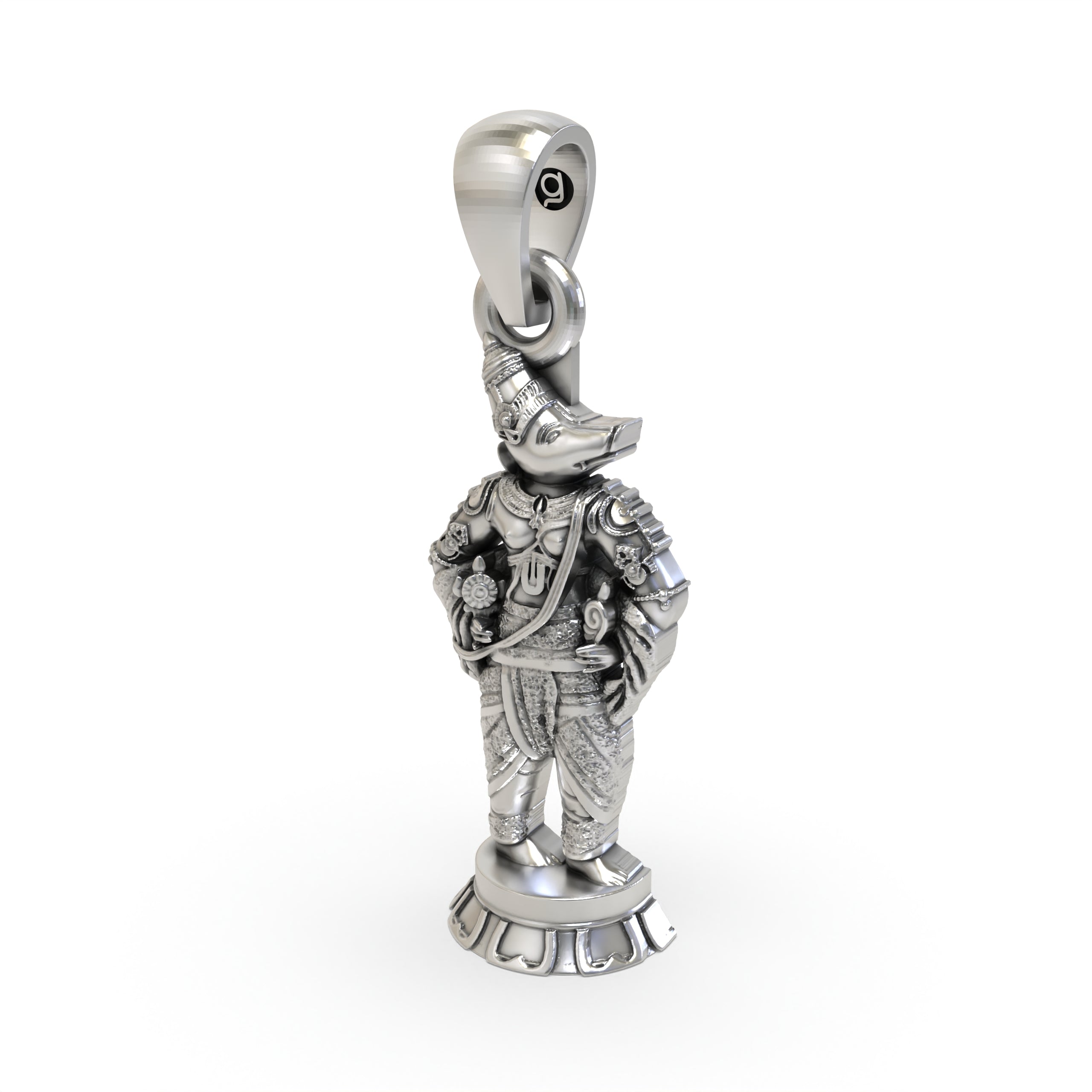 The lightweight 925 silver Varaha Dev pendant shown with its hollow back design for comfortable daily wear.