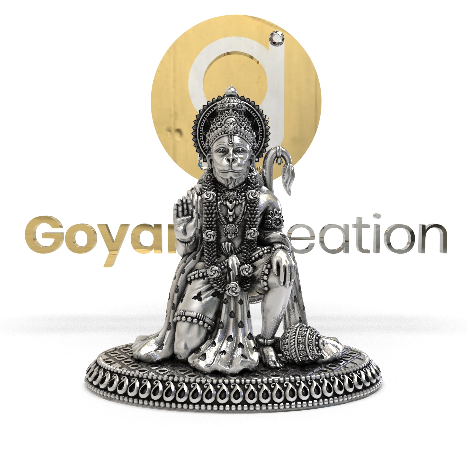 A side profile view of the 925 Silver Hanumanji 3D Idol, highlighting the intricate details of the mace and posture.