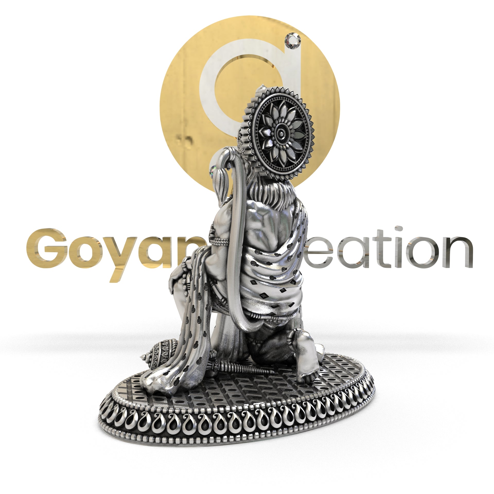 Angled perspective of the 925 Silver Hanumanji 3D Idol, emphasizing its powerful stance and sterling silver shine.