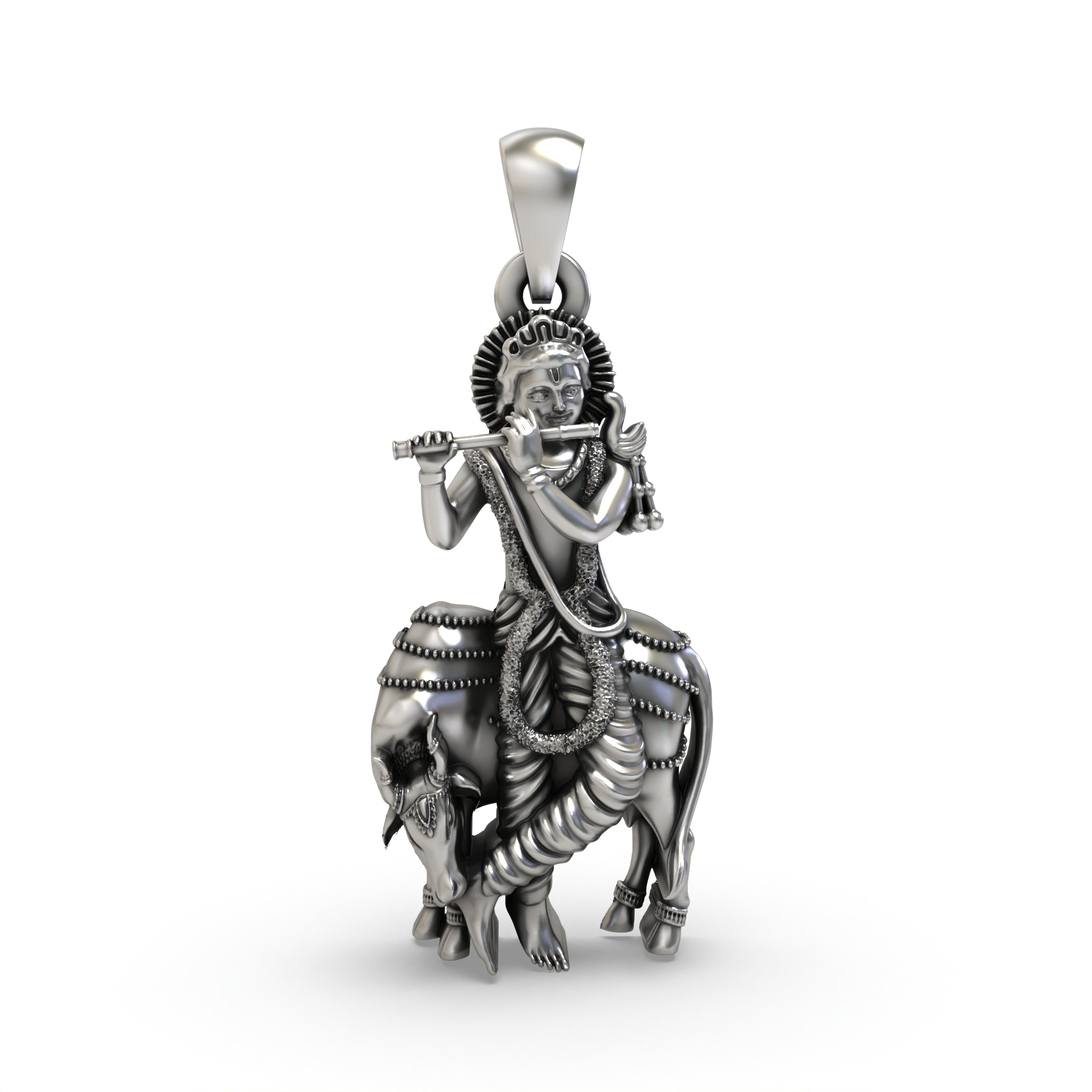 Front view of the oxidized 925 Silver Krishna with Cow Pendant, showing Gopala lovingly embracing the sacred cow. Main image