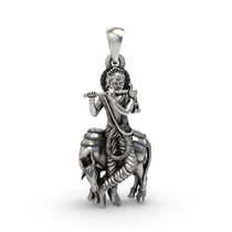 Front view of the oxidized 925 Silver Krishna with Cow Pendant, showing Gopala lovingly embracing the sacred cow.
