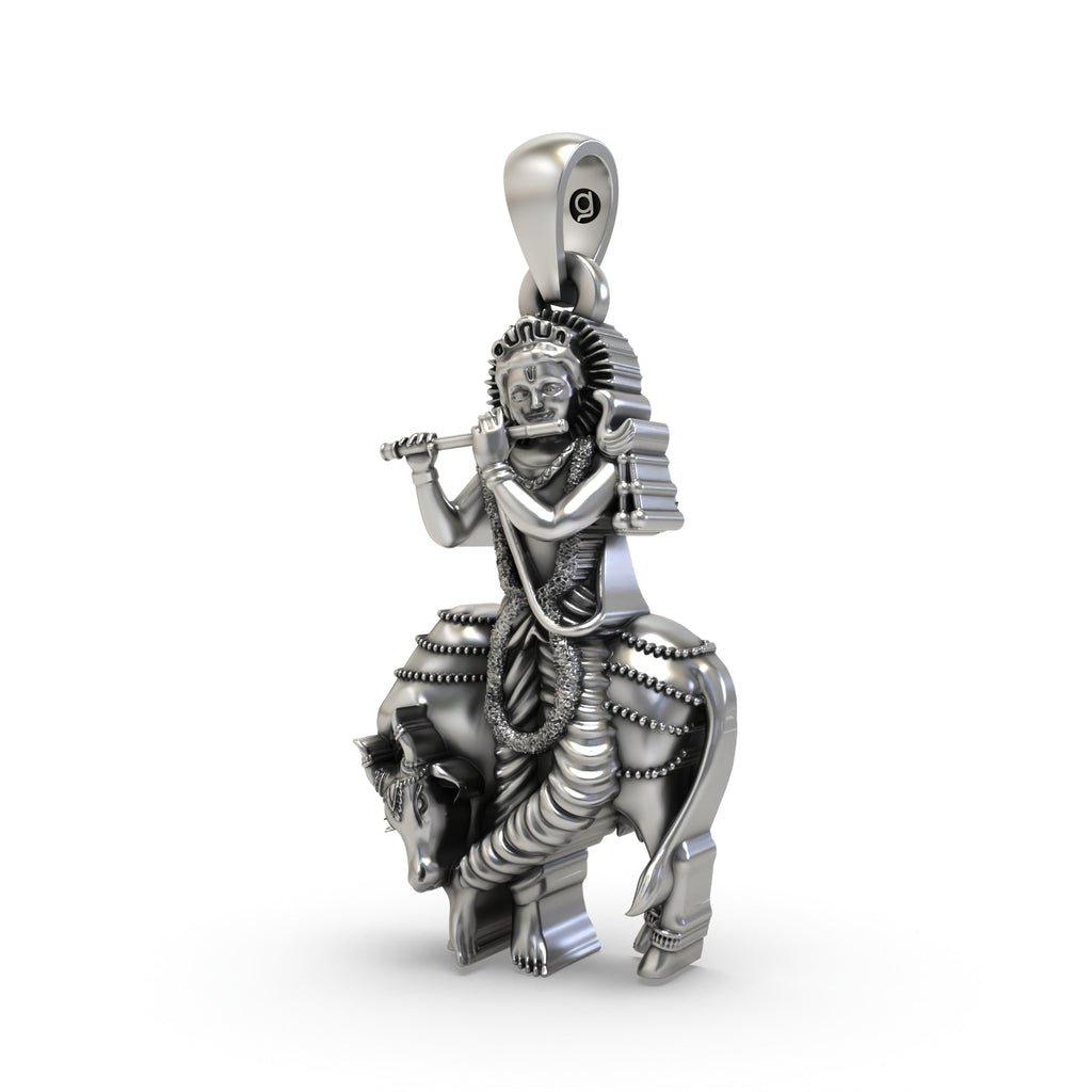 Close-up of the handcrafted 925 Sterling Silver Krishna with Cow locket, detailing the antique finish on the figures.