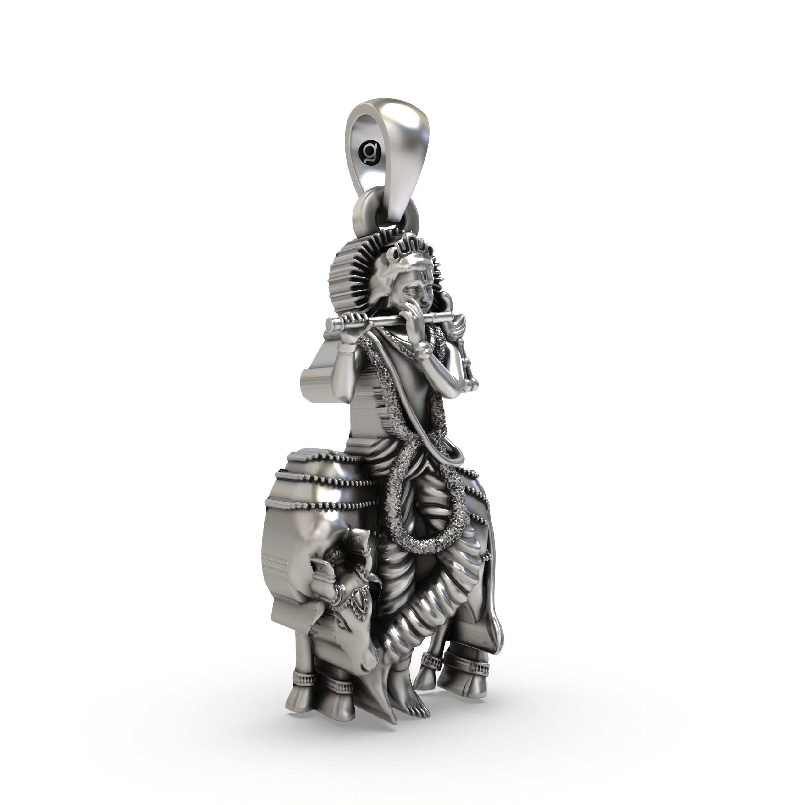 Side profile of the Gopala Krishna with Cow pendant in 925 silver, revealing its hollow back design for comfort.