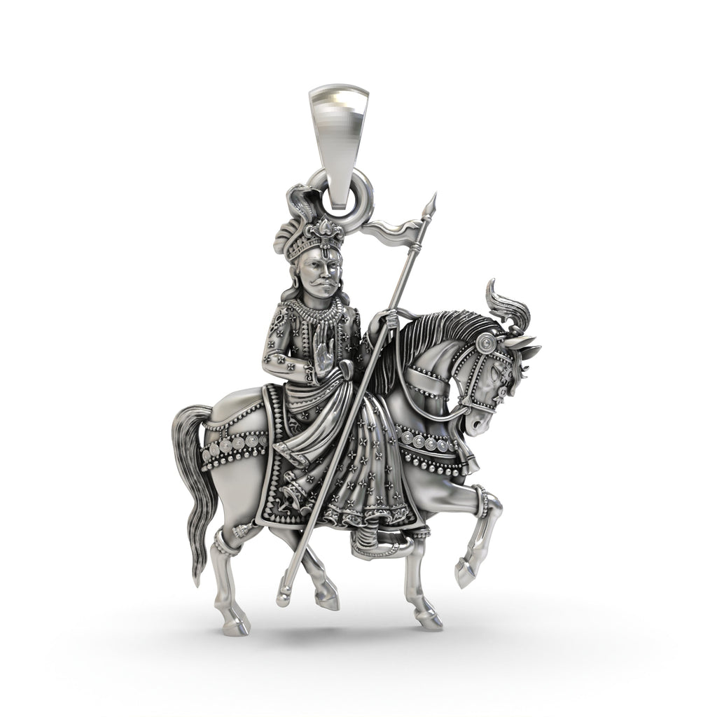 Front view of the 925 silver Guga Jahar Veer Ji pendant, showing the warrior god Gogaji on his horse.