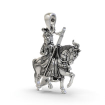 Angled side view of the Guga Jahar Veer Ji silver pendant, highlighting its oxidized finish and intricate details.