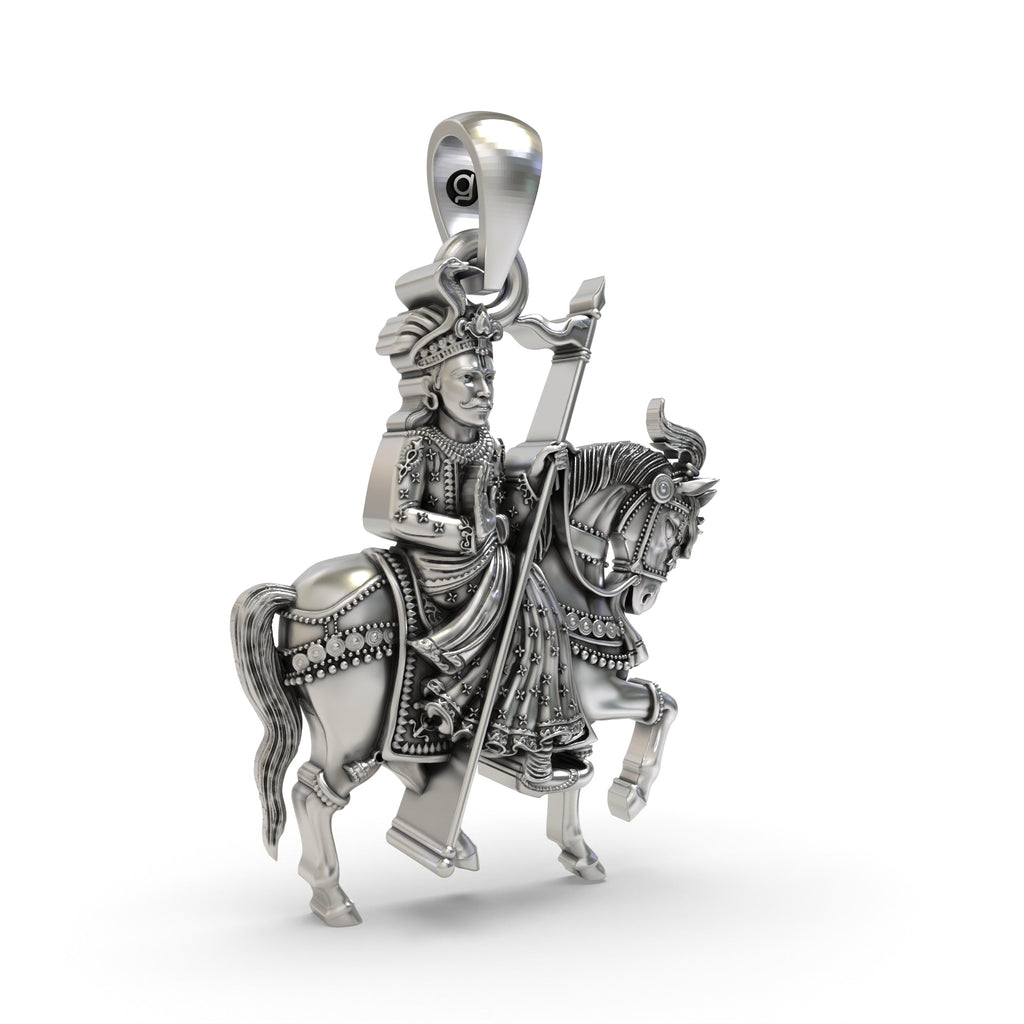 Close-up detail of the 925 silver Gogaji Maharaj pendant, showcasing the fine craftsmanship of the warrior deity.
