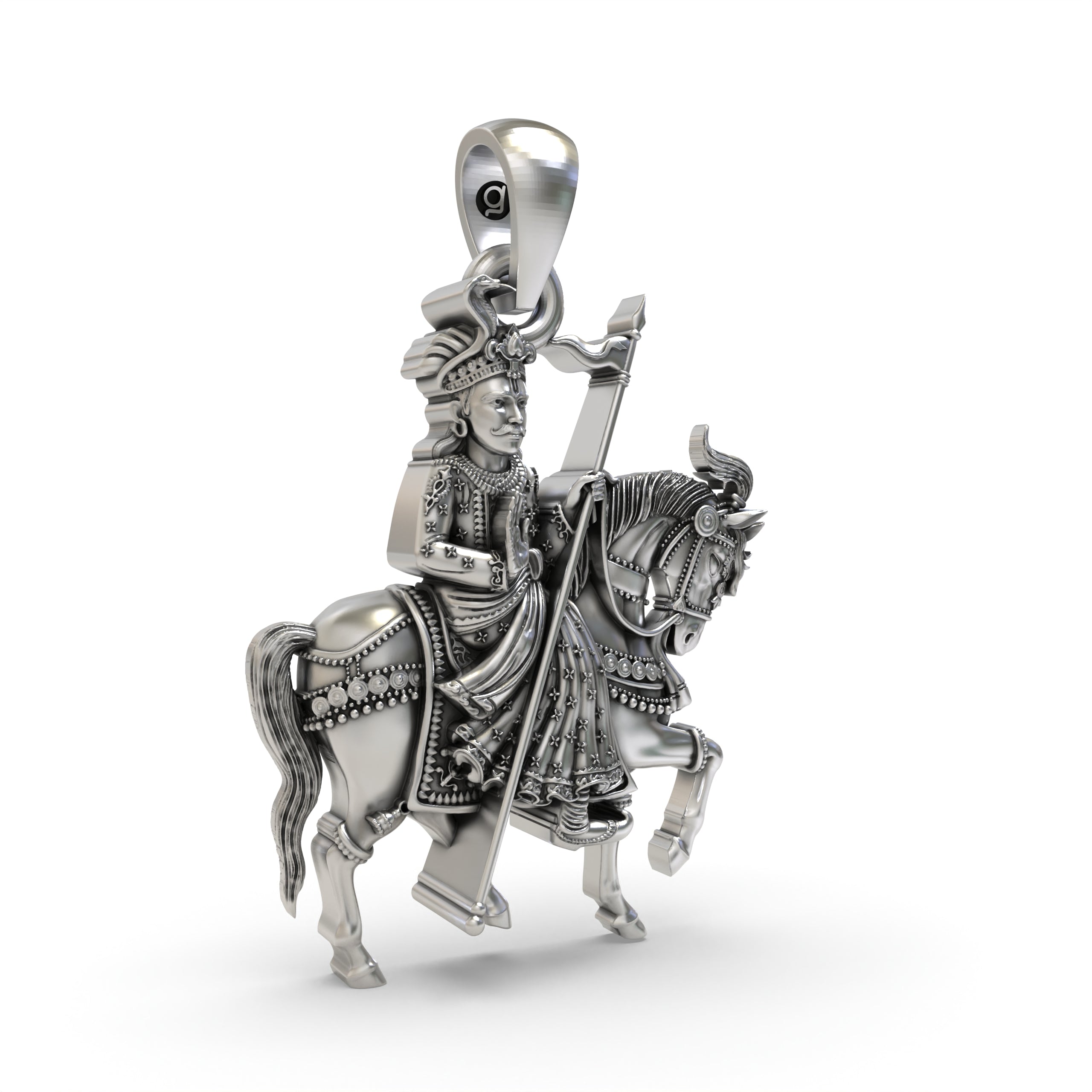 Close-up detail of the 925 silver Gogaji Maharaj pendant, showcasing the fine craftsmanship of the warrior deity.
