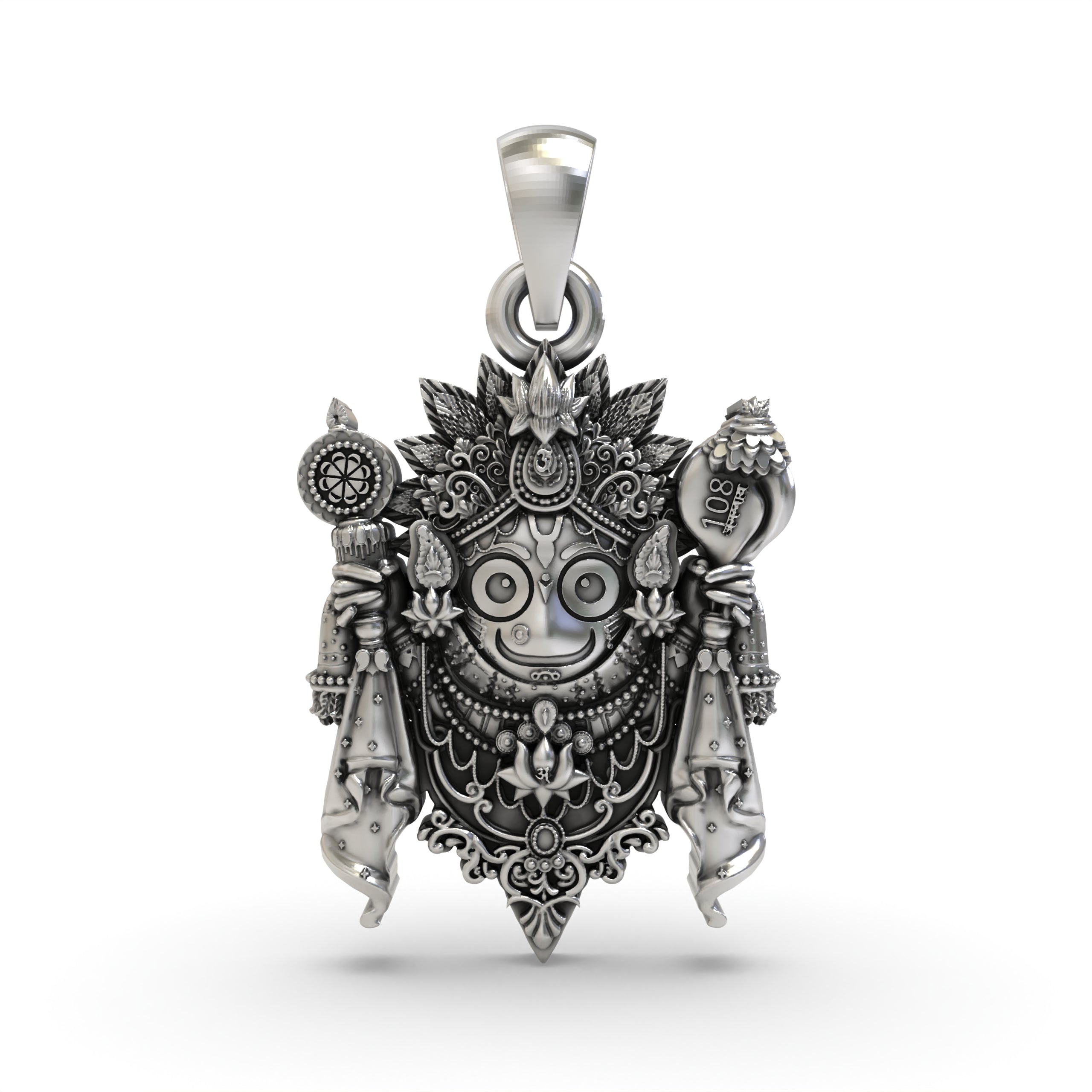 Front view of the handcrafted 925 silver Jagannath pendant, showing the Lord's iconic eyes and smile. Main image