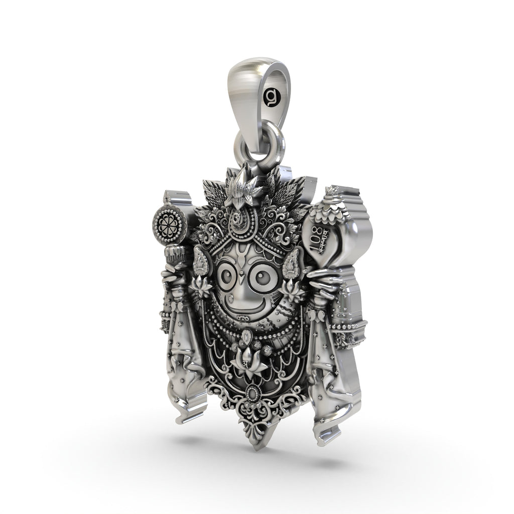 Angled view of the oxidized 925 silver Jagannath pendant, highlighting its antique finish and craftsmanship.