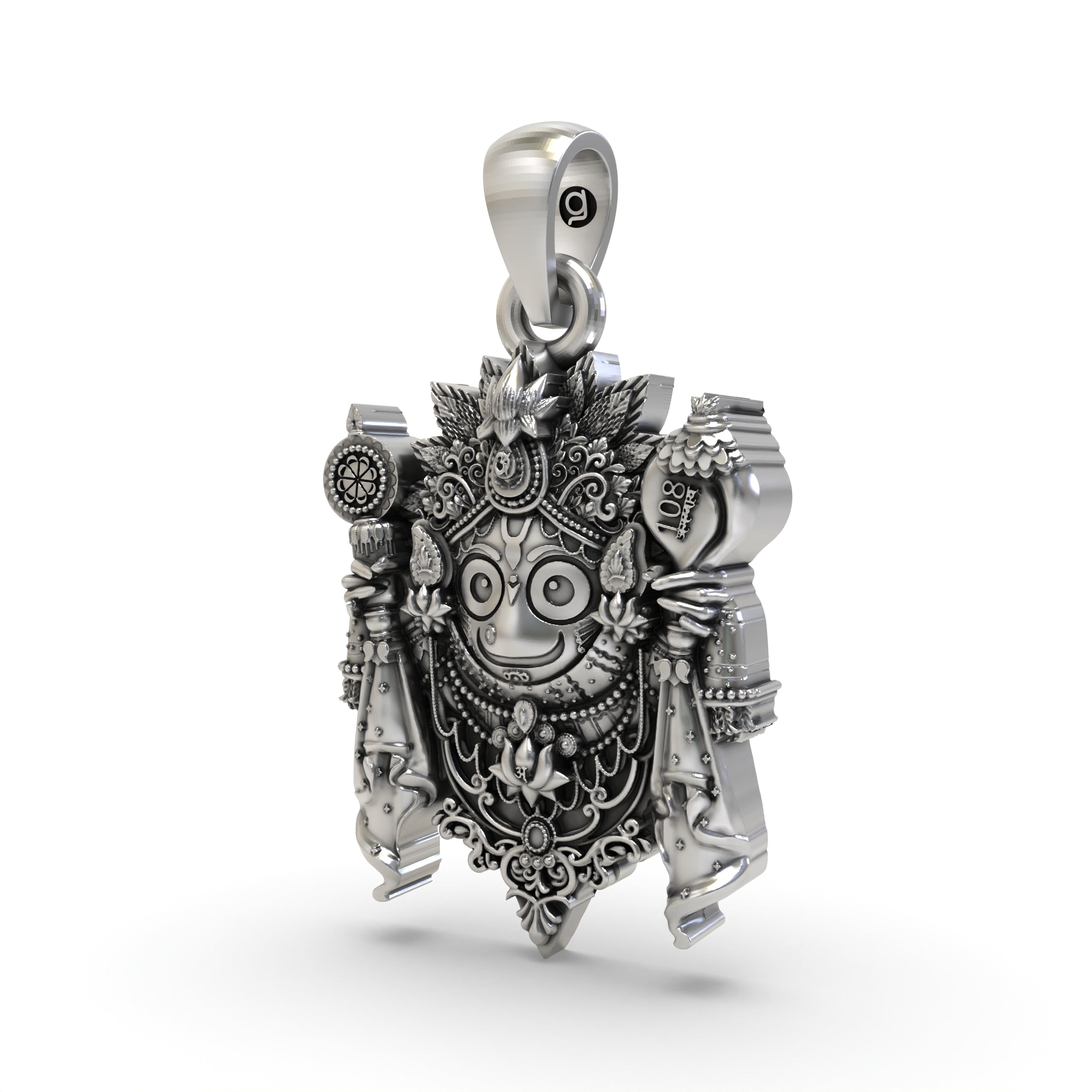 Angled view of the oxidized 925 silver Jagannath pendant, highlighting its antique finish and craftsmanship.