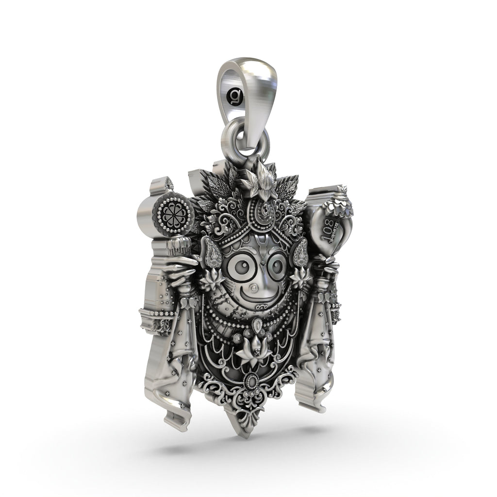 Close-up detail of the Lord Jagannath pendant in 925 sterling silver, with a hollow back for comfort.