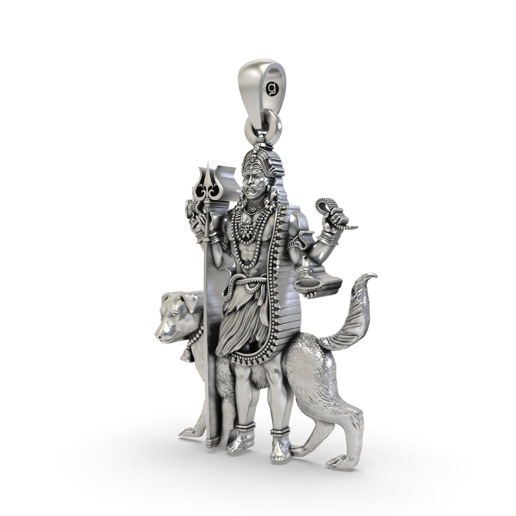 An angled side profile of the sterling silver Kaal Bhairav pendant, showcasing its powerful and divine design details.