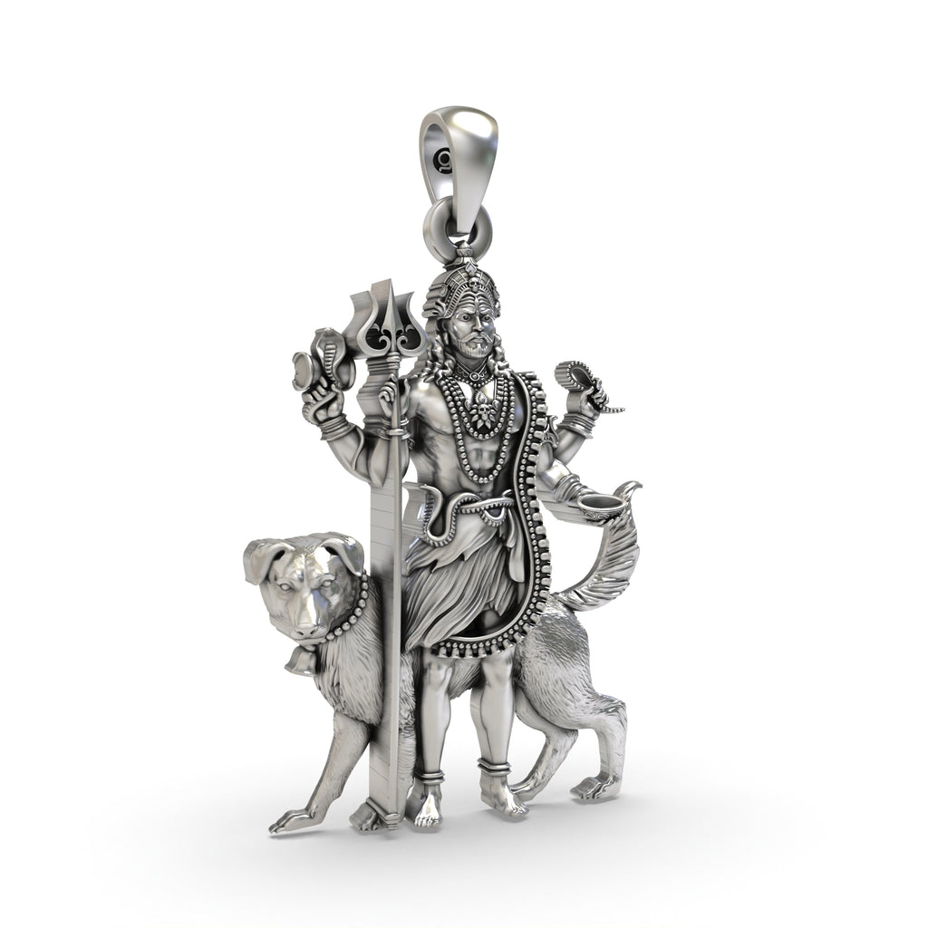 Close-up detail of the antique oxidized finish on the 925 silver Kaal Bhairav pendant, highlighting its craftsmanship.
