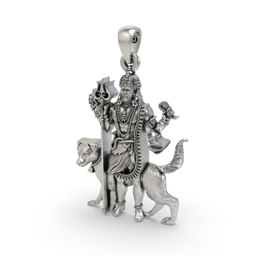 The 925 sterling silver Kaal Bhairav pendant shown with its hollow back design for lightweight comfort and daily wear.