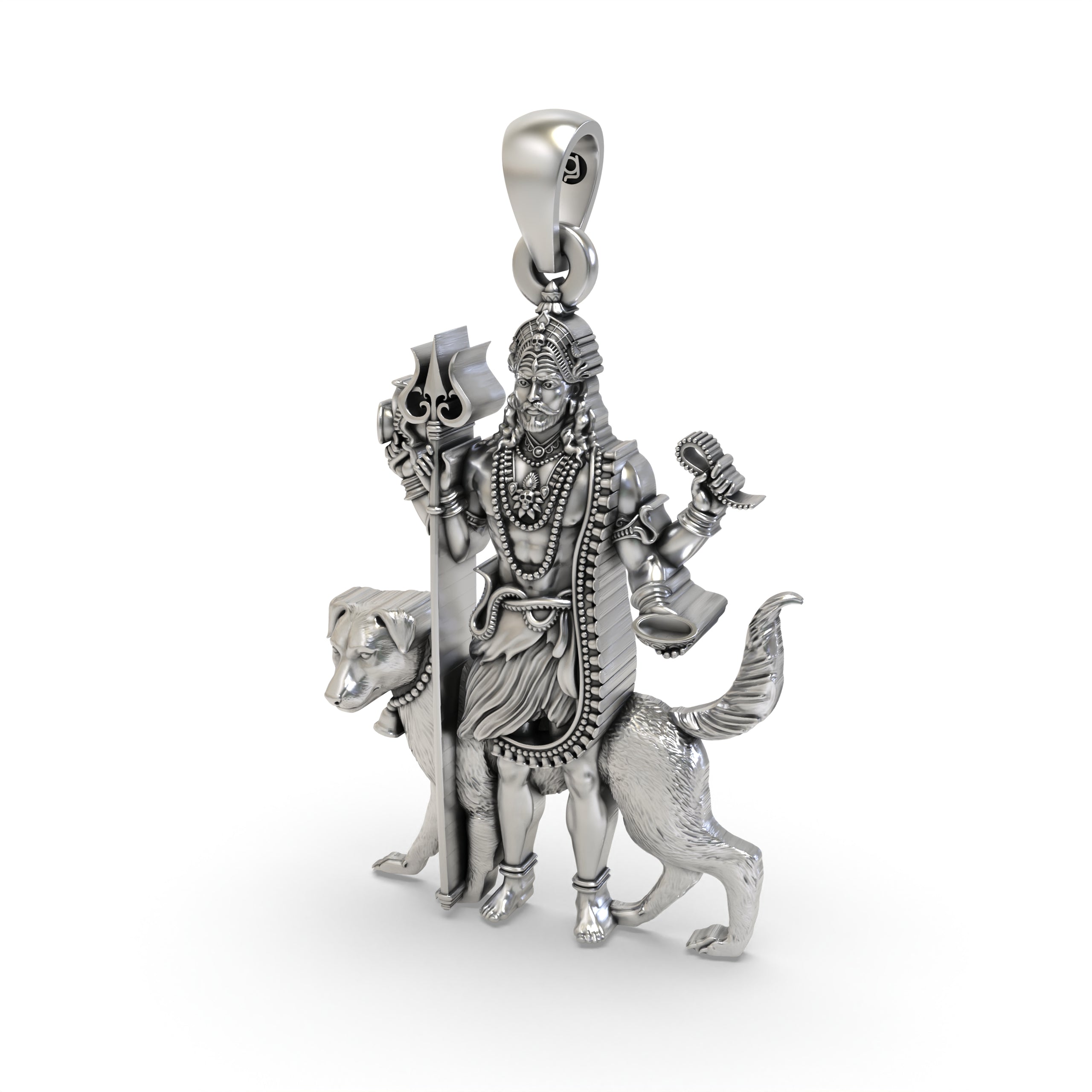 The 925 sterling silver Kaal Bhairav pendant shown with its hollow back design for lightweight comfort and daily wear.