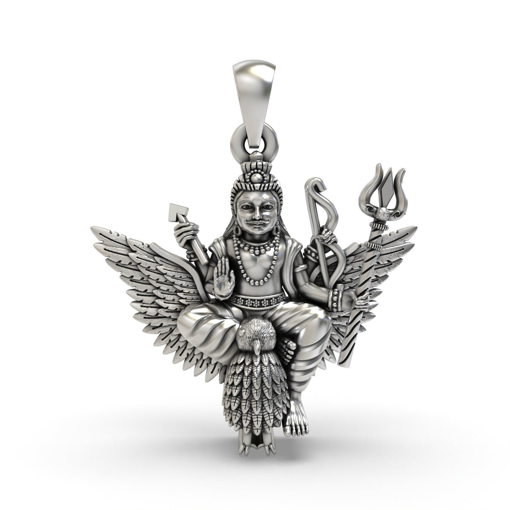 Front view of the 925 silver Shani Dev pendant, showcasing the deity on his crow vahana with a detailed oxidized finish.