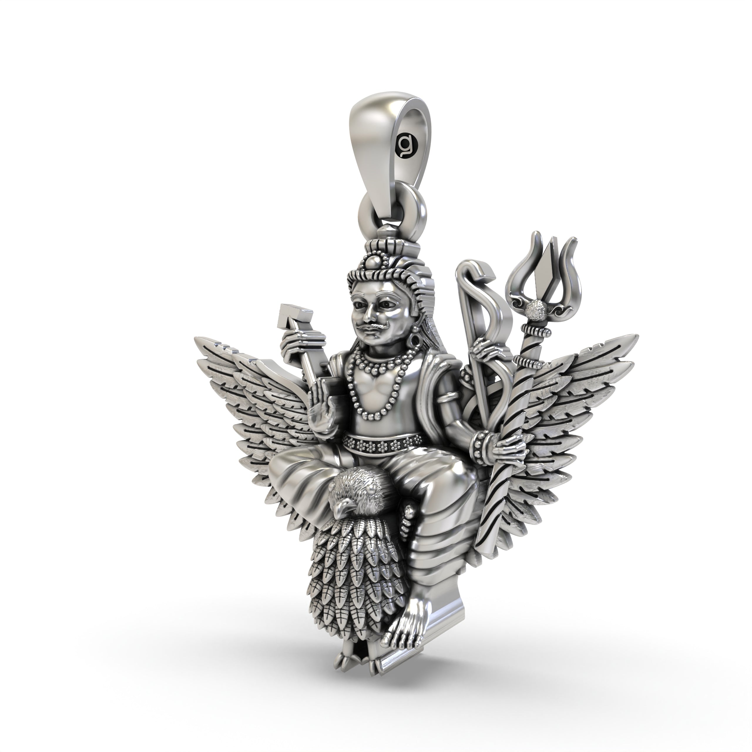 Angled shot of the sterling silver Shani Dev pendant, highlighting its intricate craftsmanship and antique spiritual design.