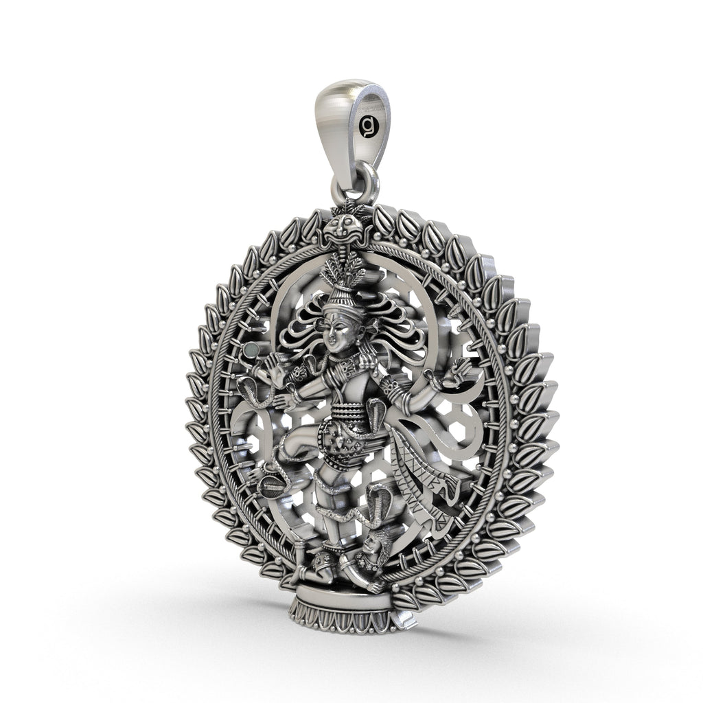 Angled perspective of the oxidized 925 sterling silver Nataraja pendant, highlighting its intricate craftsmanship.