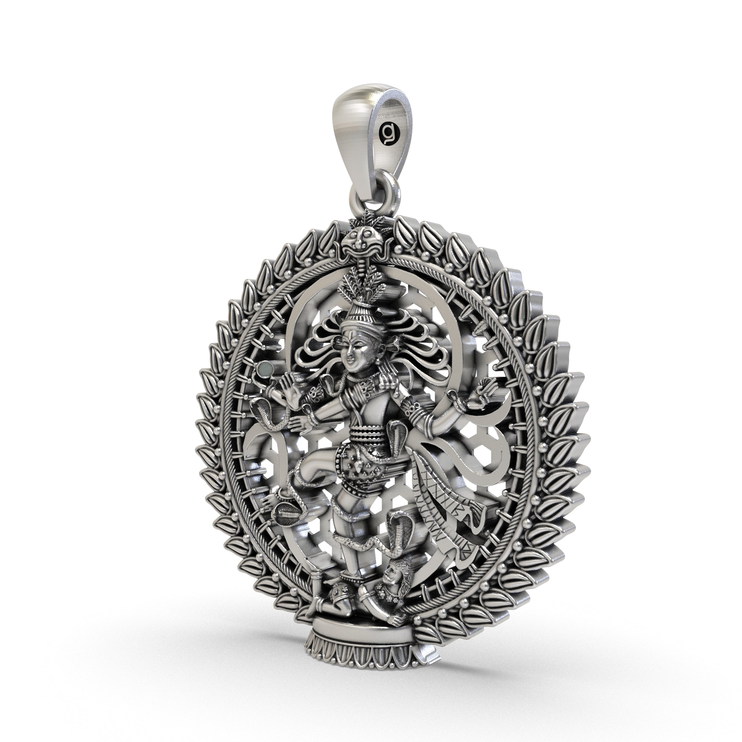 Angled perspective of the oxidized 925 sterling silver Nataraja pendant, highlighting its intricate craftsmanship.